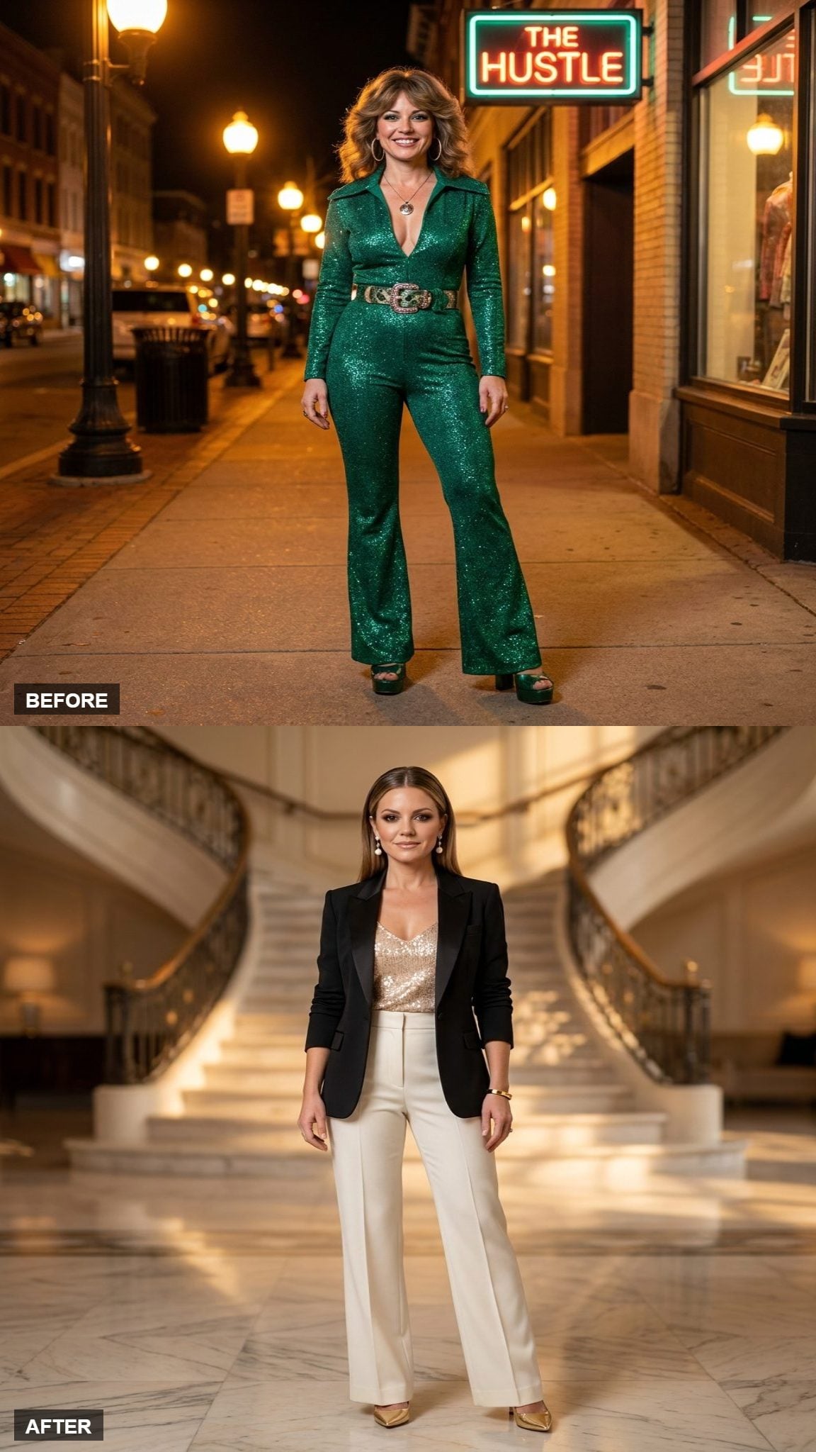 Ivory Wide-Leg Trousers, a Champagne Sequin Camisole, and a Tuxedo Blazer