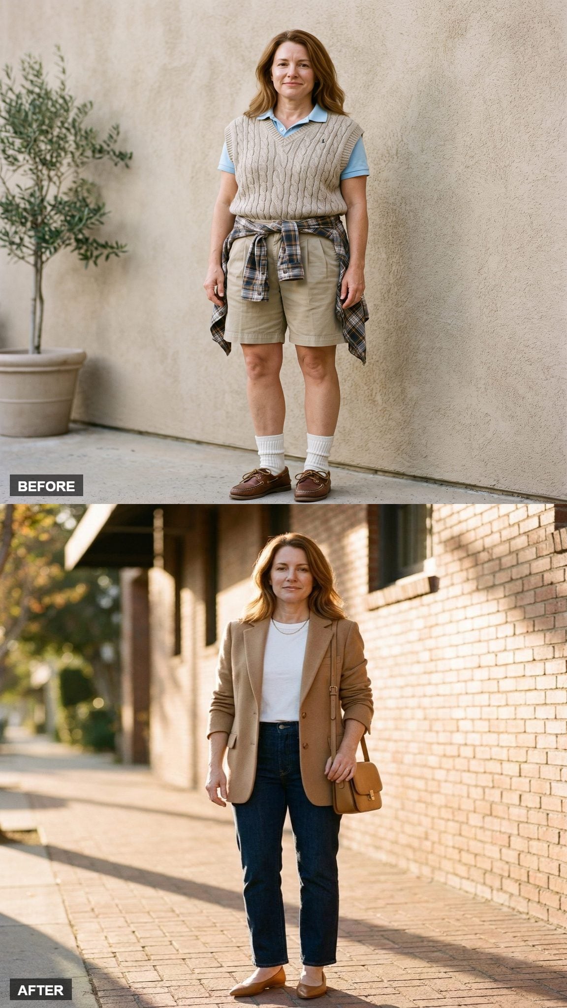 Ivy League Ease, Grown Up: Camel Blazer, White Tee, and Dark Straight Jeans