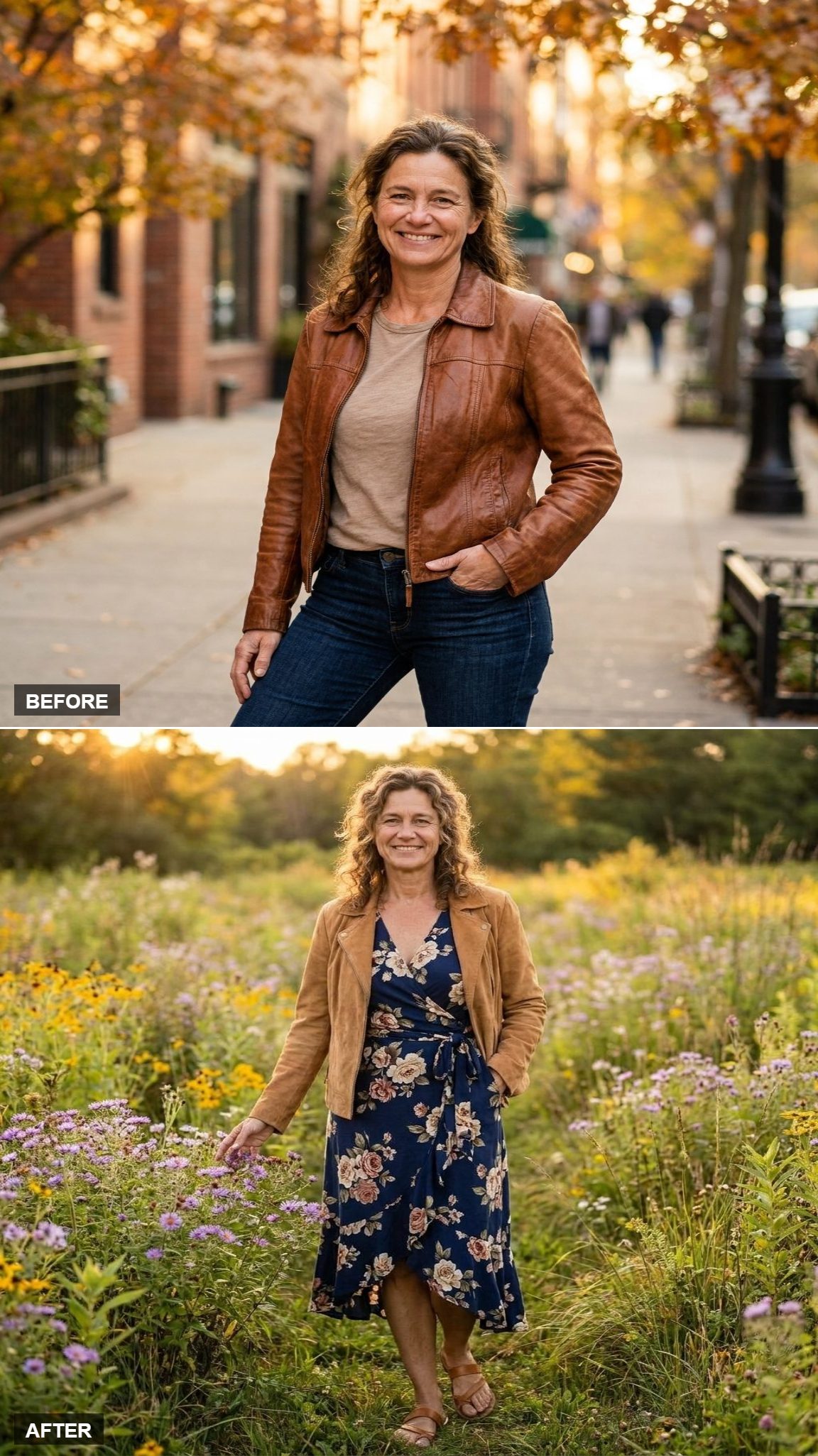 The Jacket Over a Floral Wrap Dress at Golden Hour in the Wildflowers
