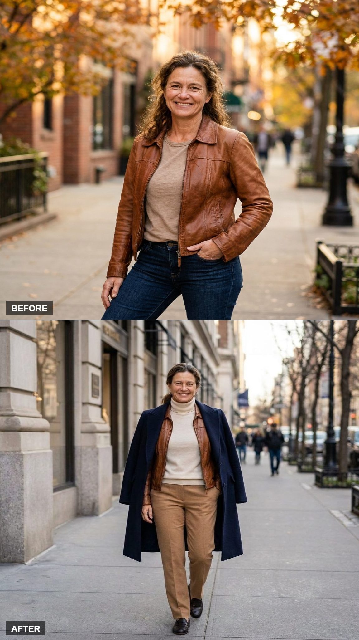 Jacket Open Under a Draped Wool Coat, Cashmere Turtleneck, Straight-Leg Trousers, Cool Morning City Light