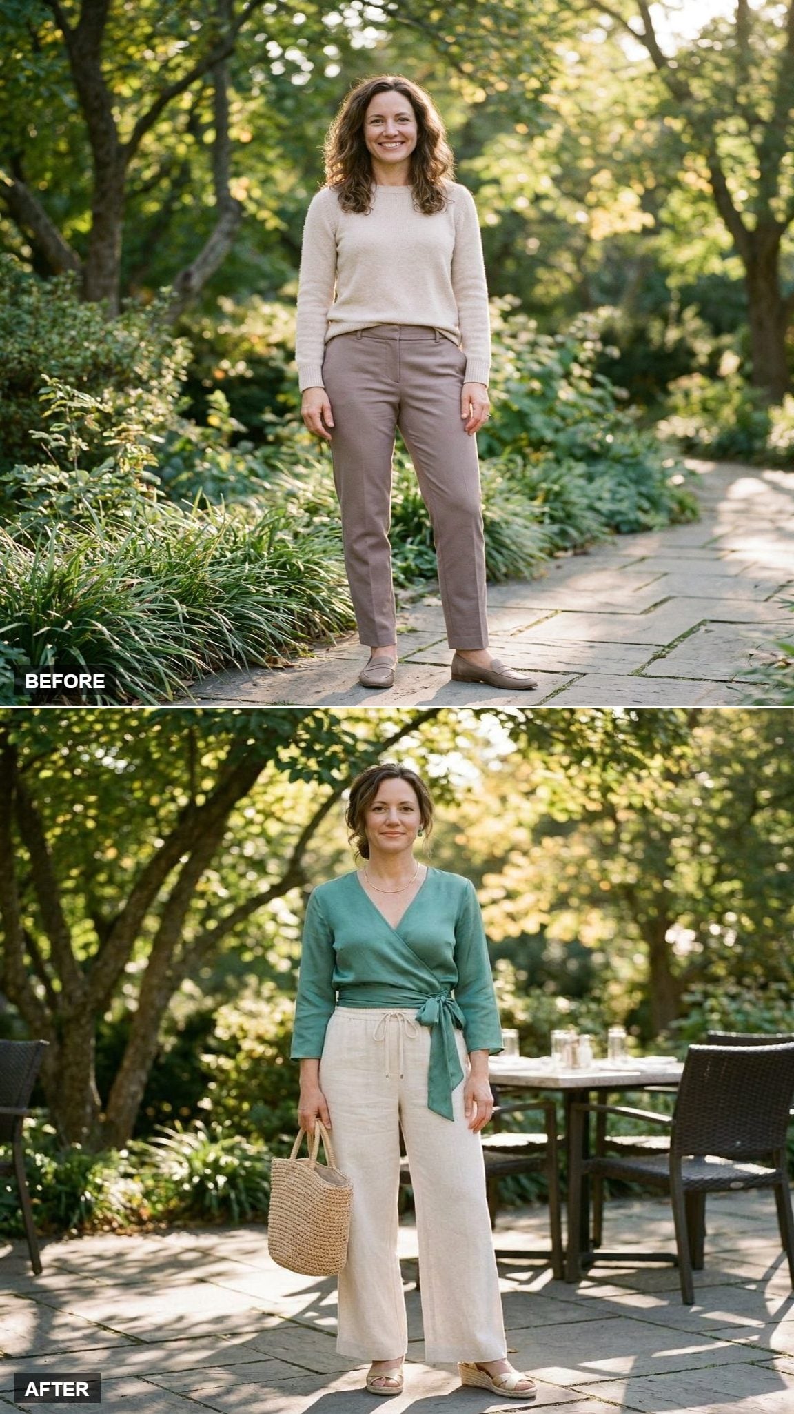 Jade Green Silk Wrap Top, Wide-Leg Ecru Linen Trousers, and Gold Wedge Sandals for a Summer Lunch