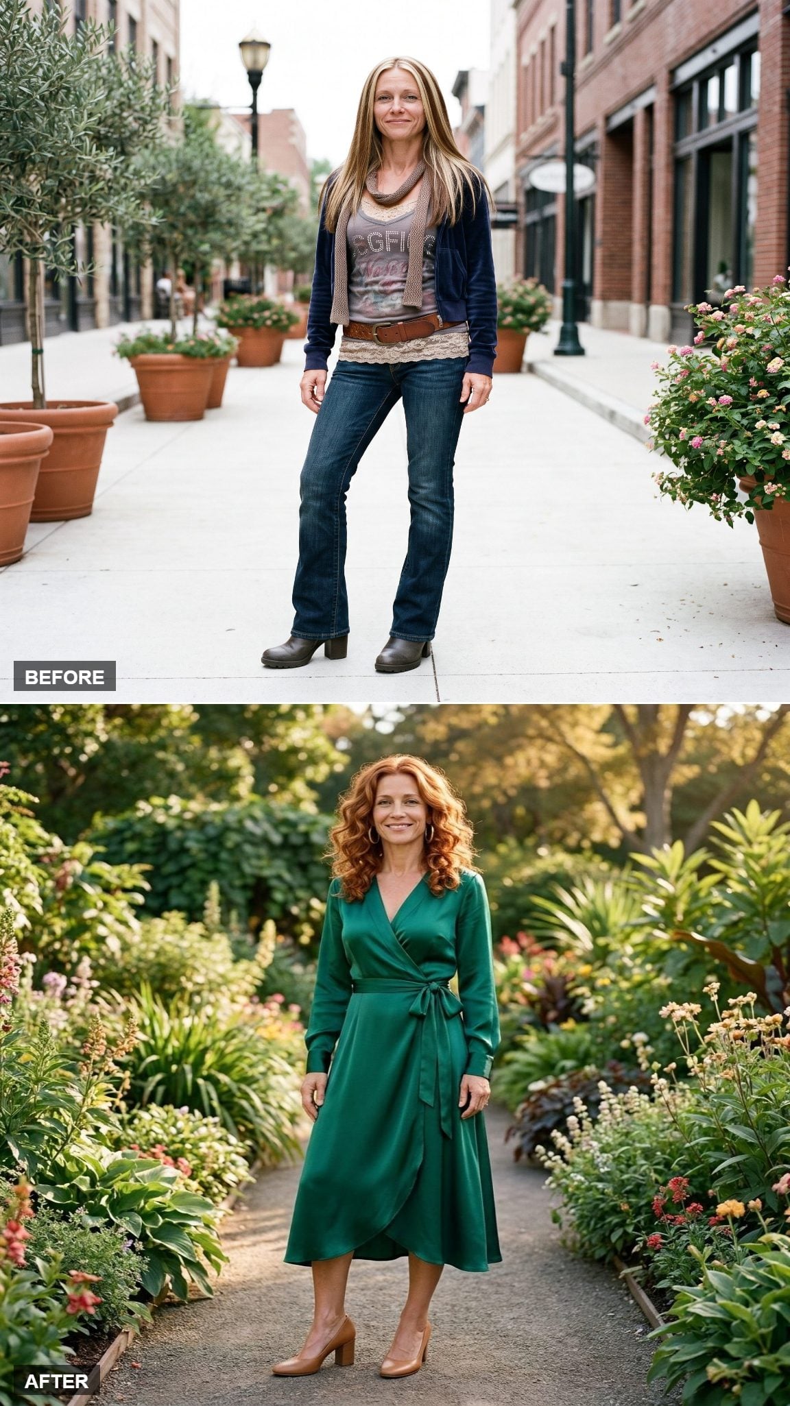 Jewel-Toned Wrap Midi Dress and Block Heels on a Botanical Garden Pathway