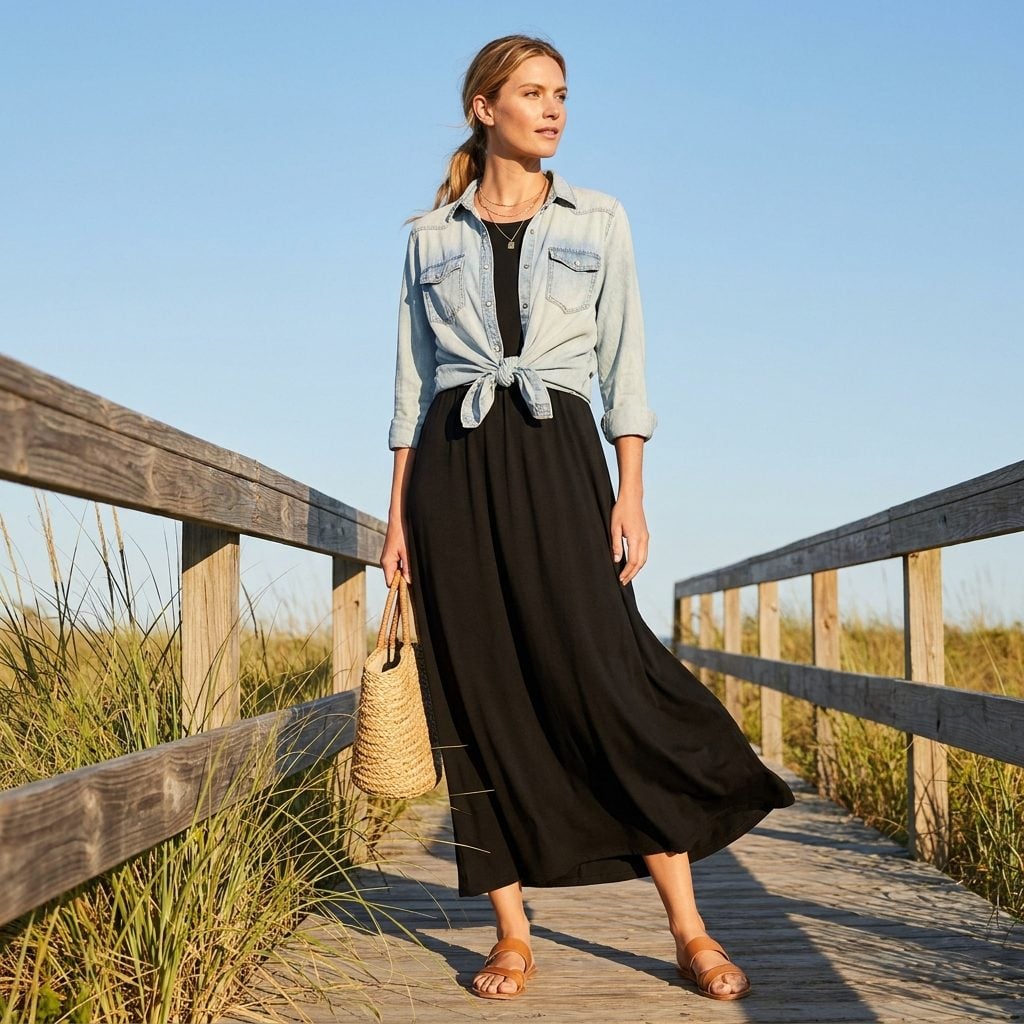 Knot a Denim Shirt at the Waist Over the Dress for a Wrapped Waist Effect