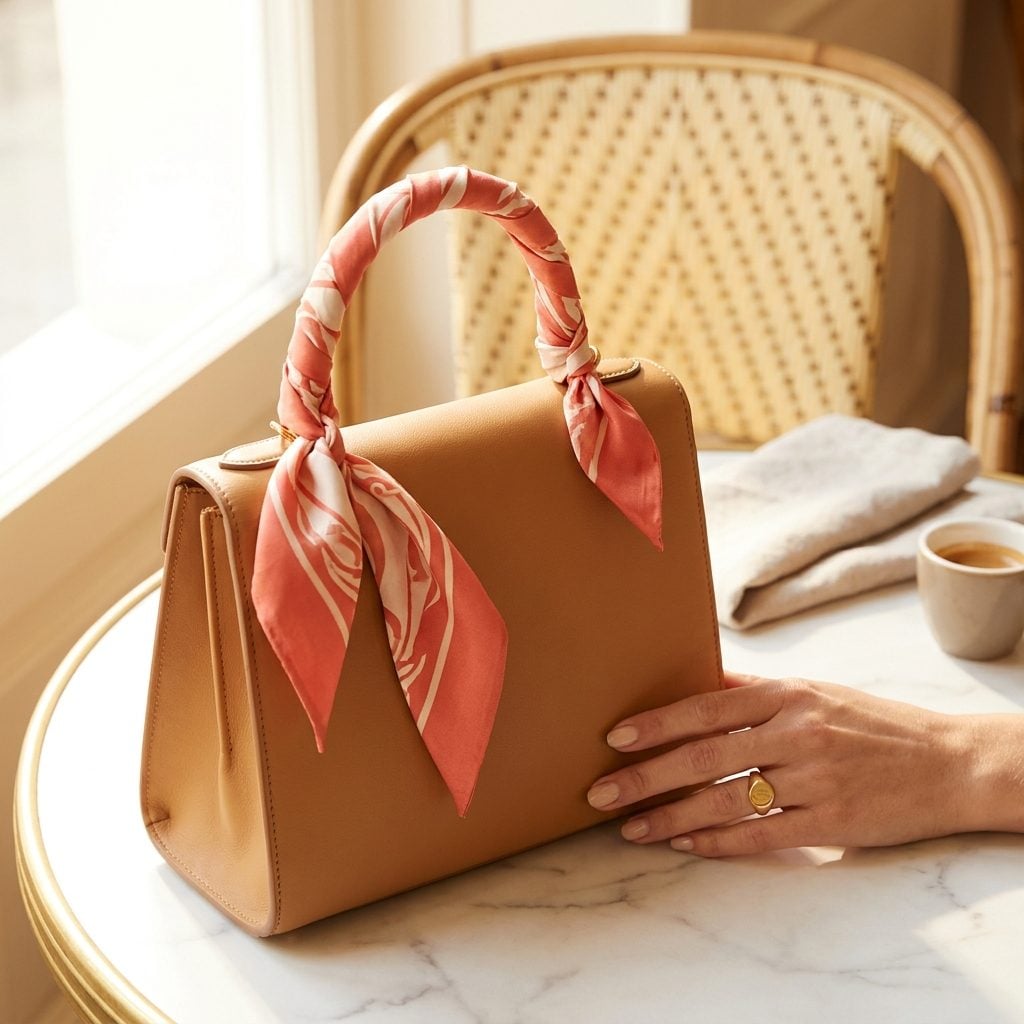 Knotted Through the Handle Strap of a Structured Bag as a Half-Bow