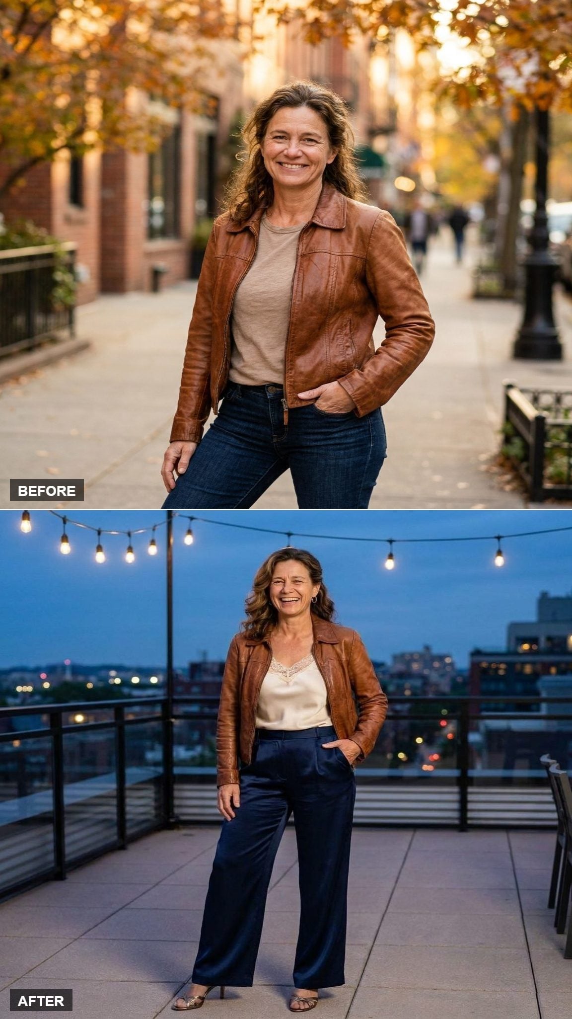 Lace Camisole, Wide-Leg Satin Trousers, and That Leather Jacket, Rooftop-Ready at Blue Hour