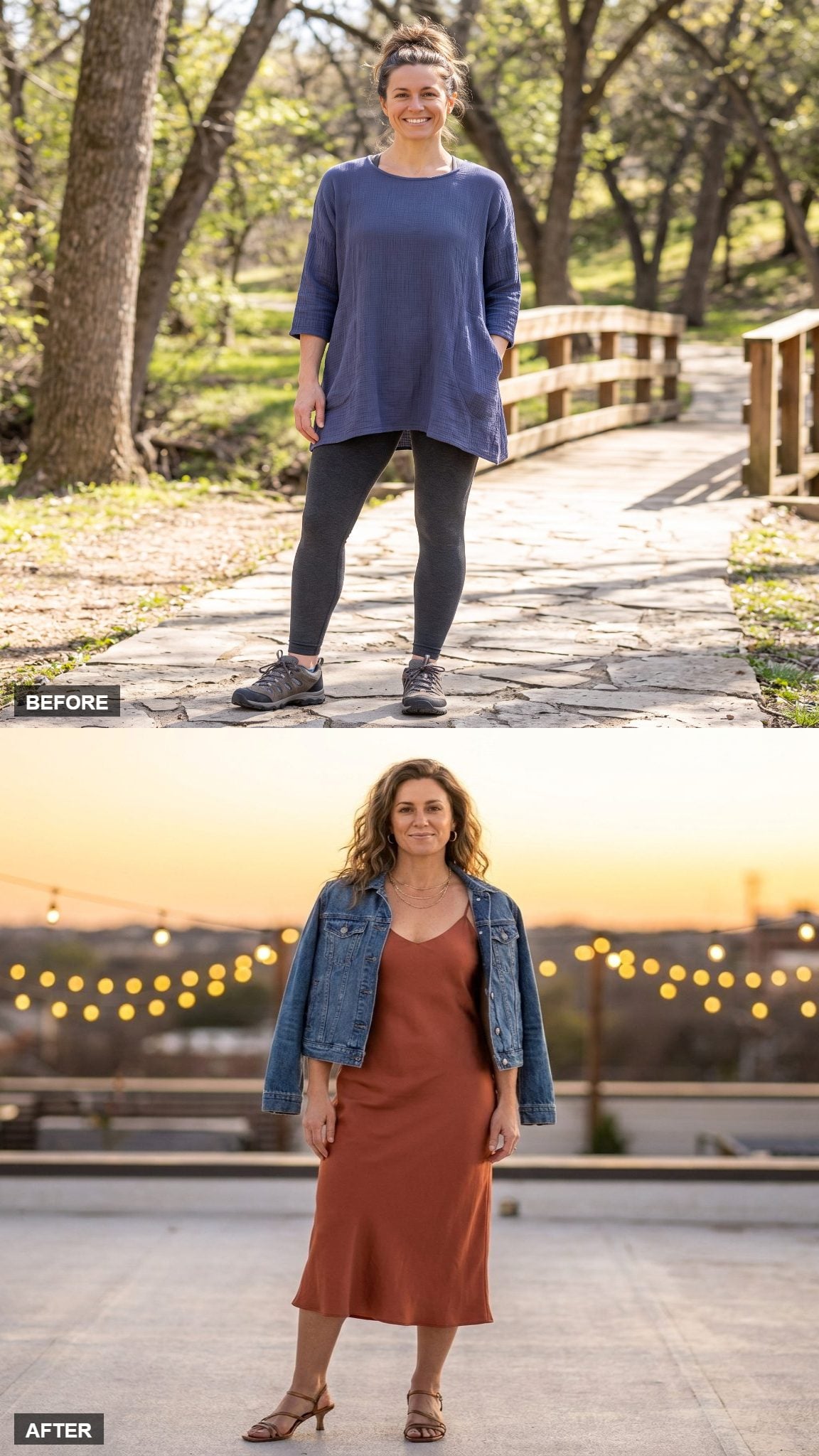 Late Summer Rooftop Dinner in a Terracotta Slip Dress and Denim Jacket