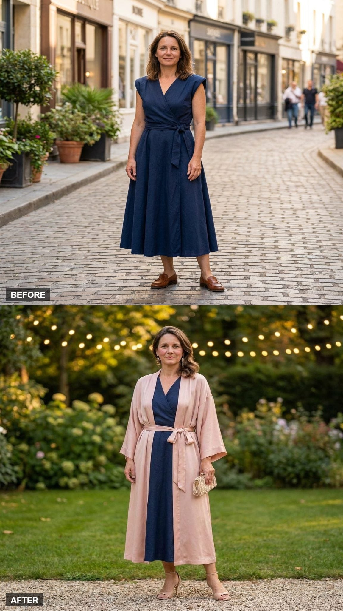 Late-Summer Wedding Guest With a Blush Silk Robe, Nude Strappy Heels, and a Beaded Clutch