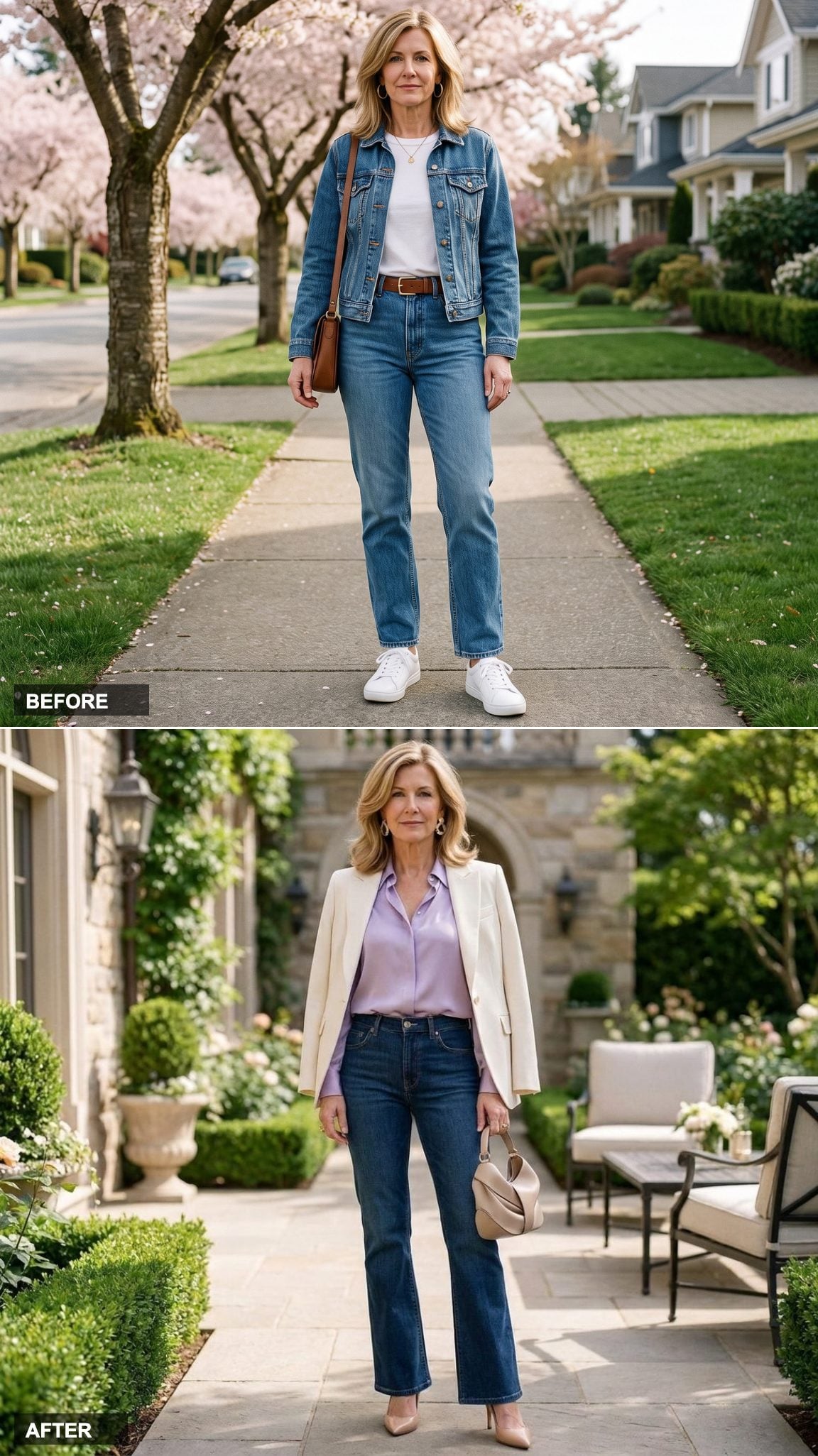Lavender Silk Blouse Tucked Into Dark Flare Jeans With an Ivory Blazer Draped Just So