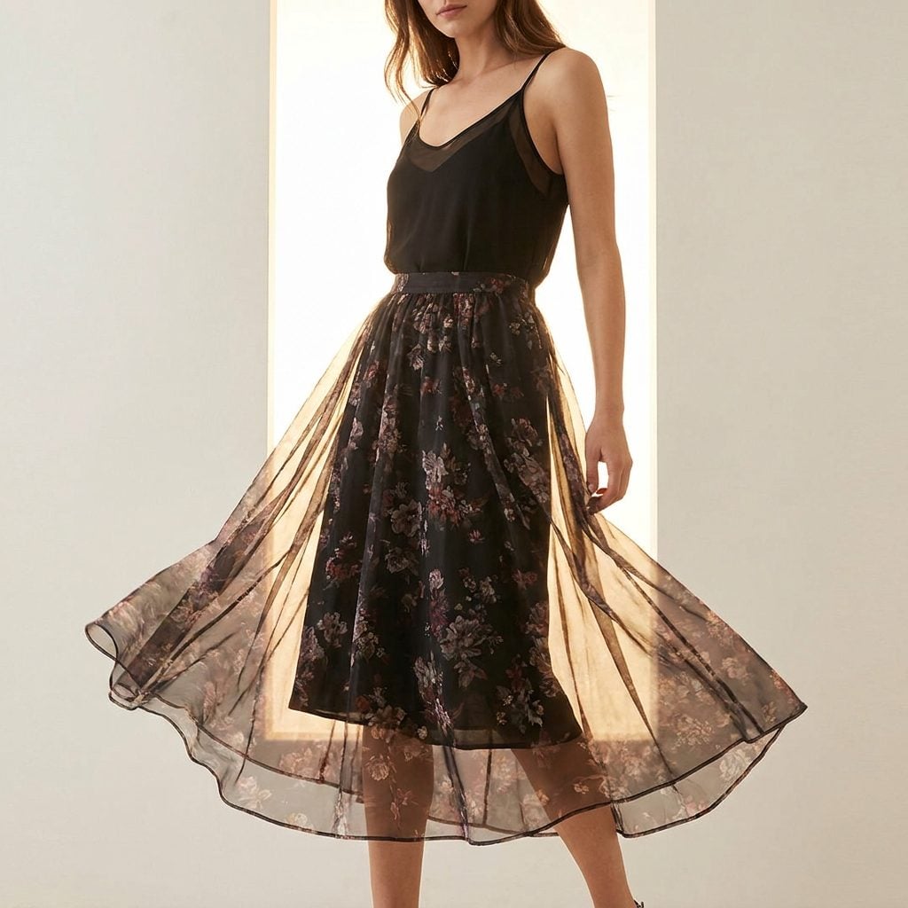 Layer a Sheer Printed Midi Skirt Over Your Black Dress to Invent a Whole New Silhouette