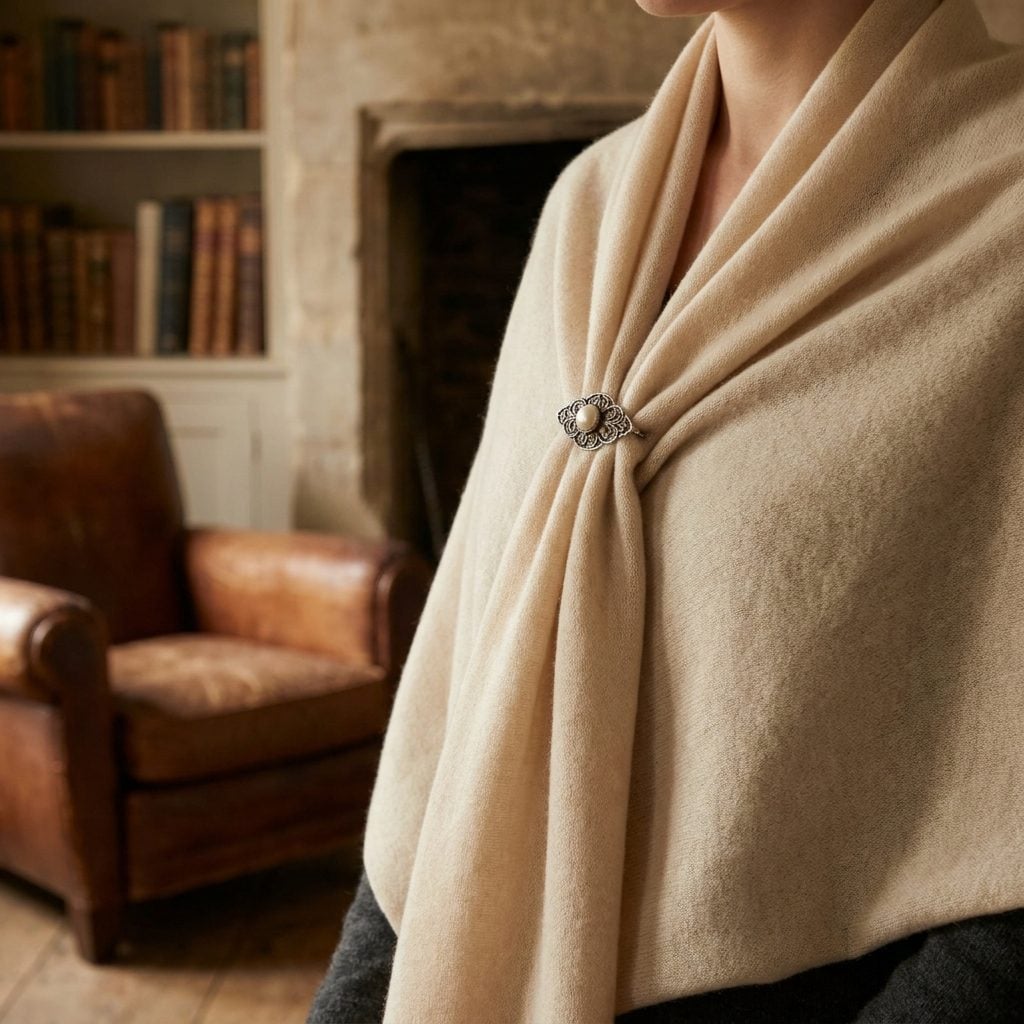 Layer a Small Brooch Over a Draped Cashmere Wrap