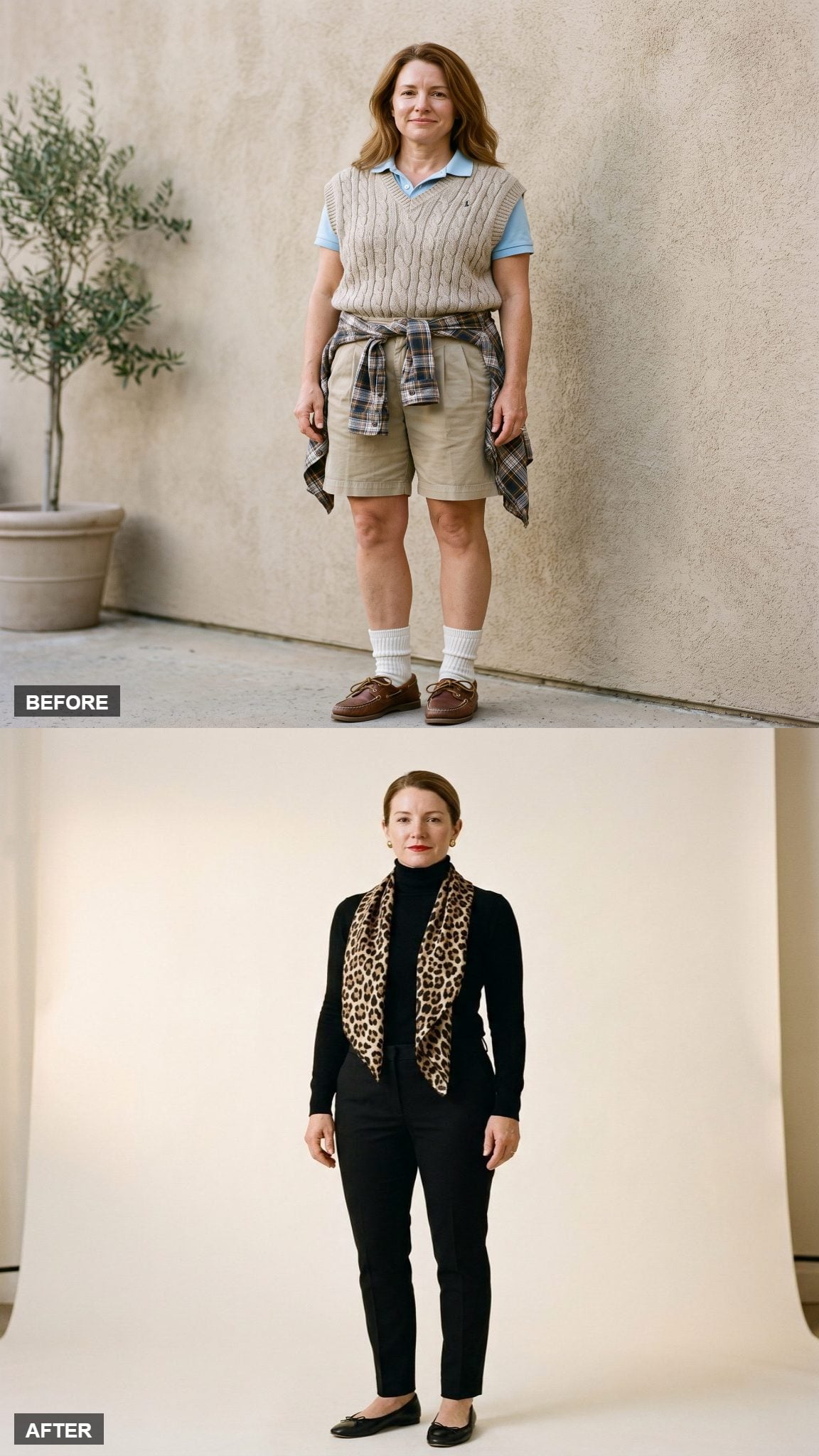 Leopard Comes In: Animal Print Scarf, Black Turtleneck, Slim Black Trouser, and Ballet Flat