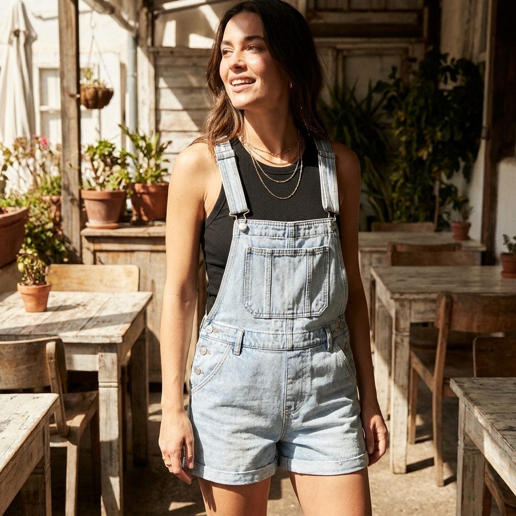 Light Denim Shortalls With a Black Tank and Layered Gold