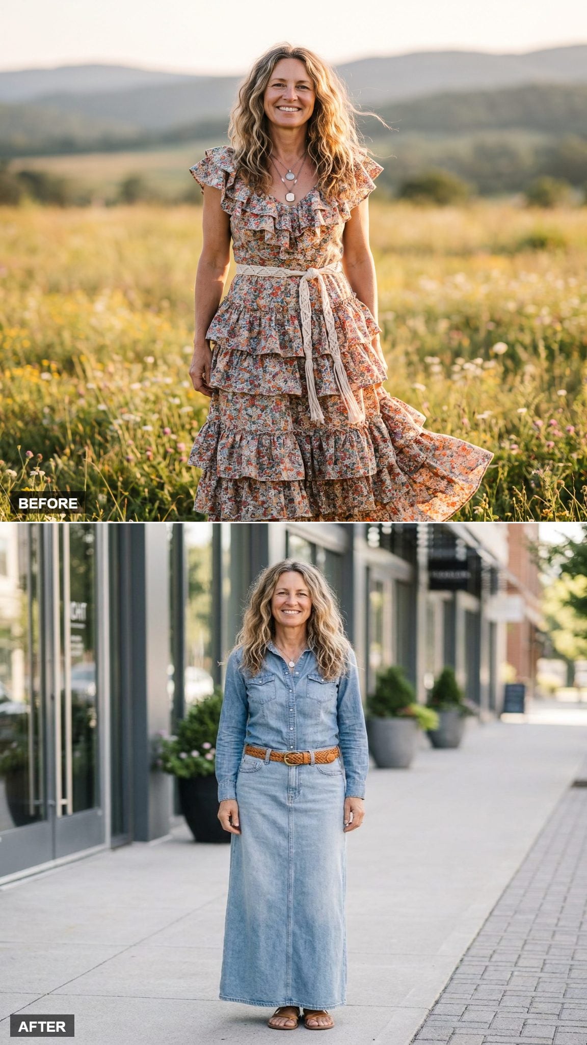 Light-Wash Denim Maxi Skirt, Woven Belt, Fitted Chambray Top, and a Single Silver Pendant