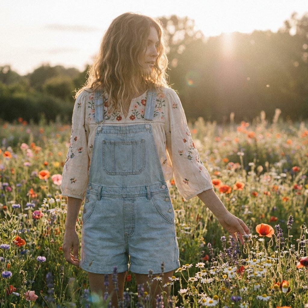 Light-Wash Shortalls Over a Floral Babydoll Top