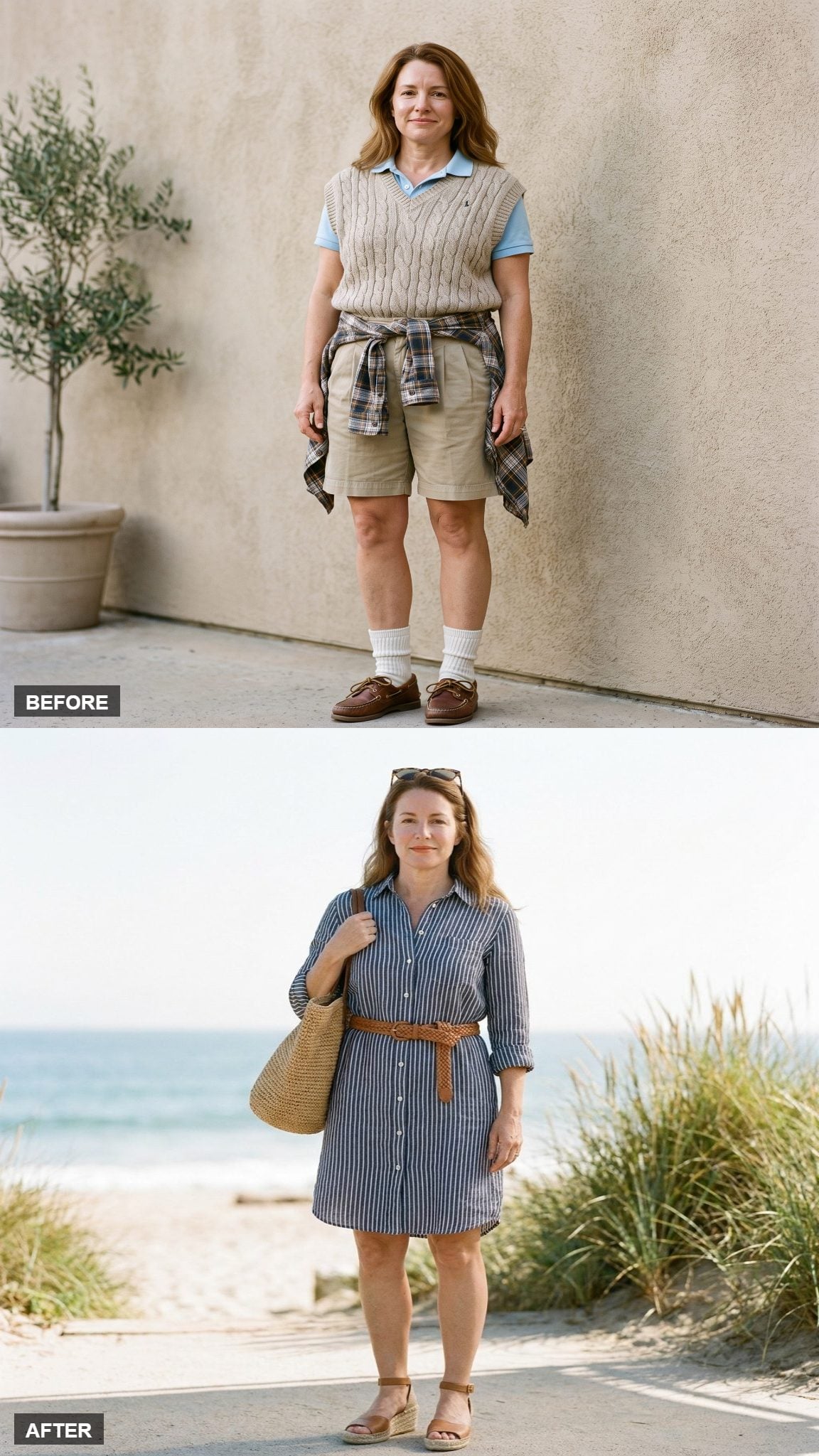 Linen and Ease: Striped Linen Shirt Dress, Espadrille Wedge, Woven Tote