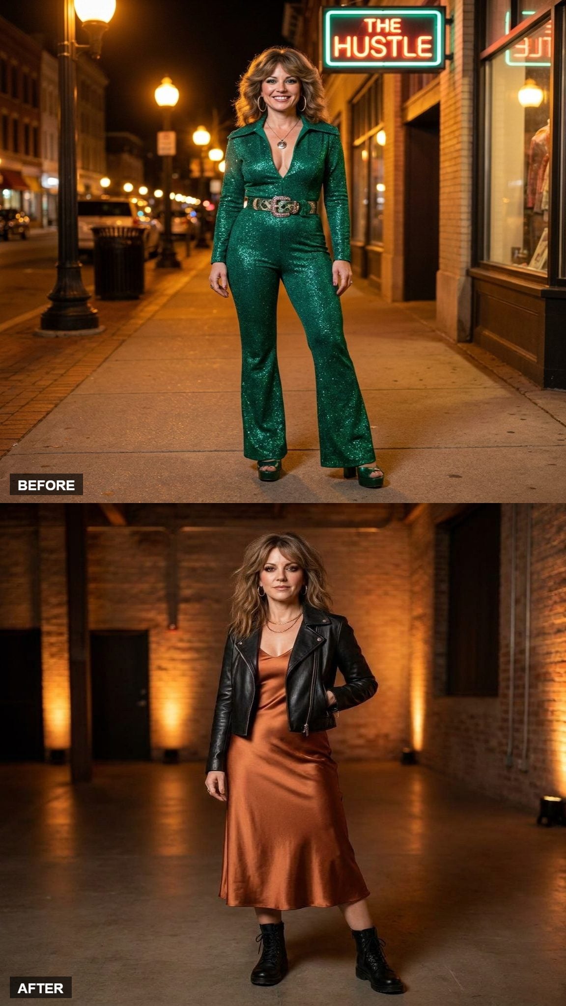 Liquid Copper Slip Dress with Black Leather Moto Jacket and Combat Boots