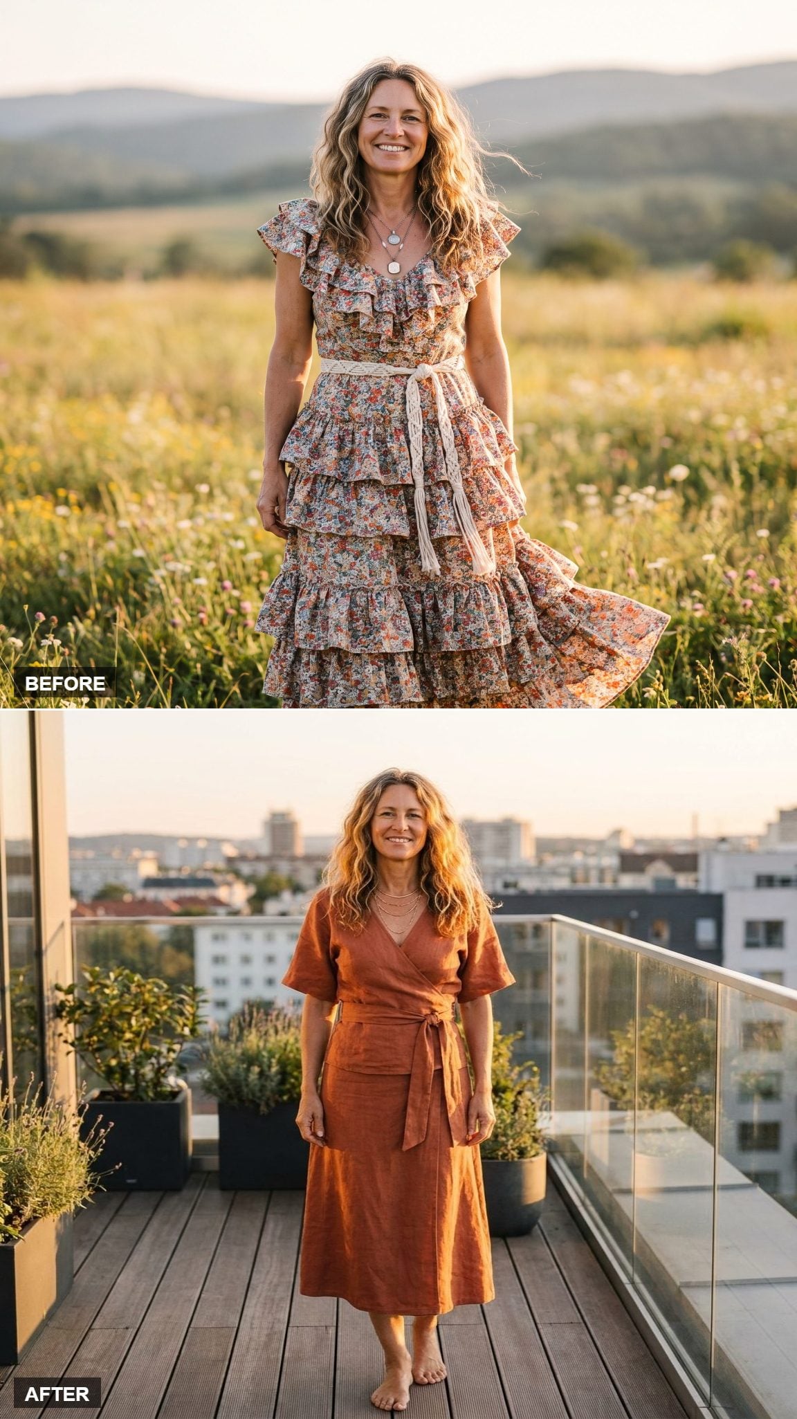 Matching Terracotta Linen Wrap Top and Midi Skirt with Layered Necklaces in Golden Hour
