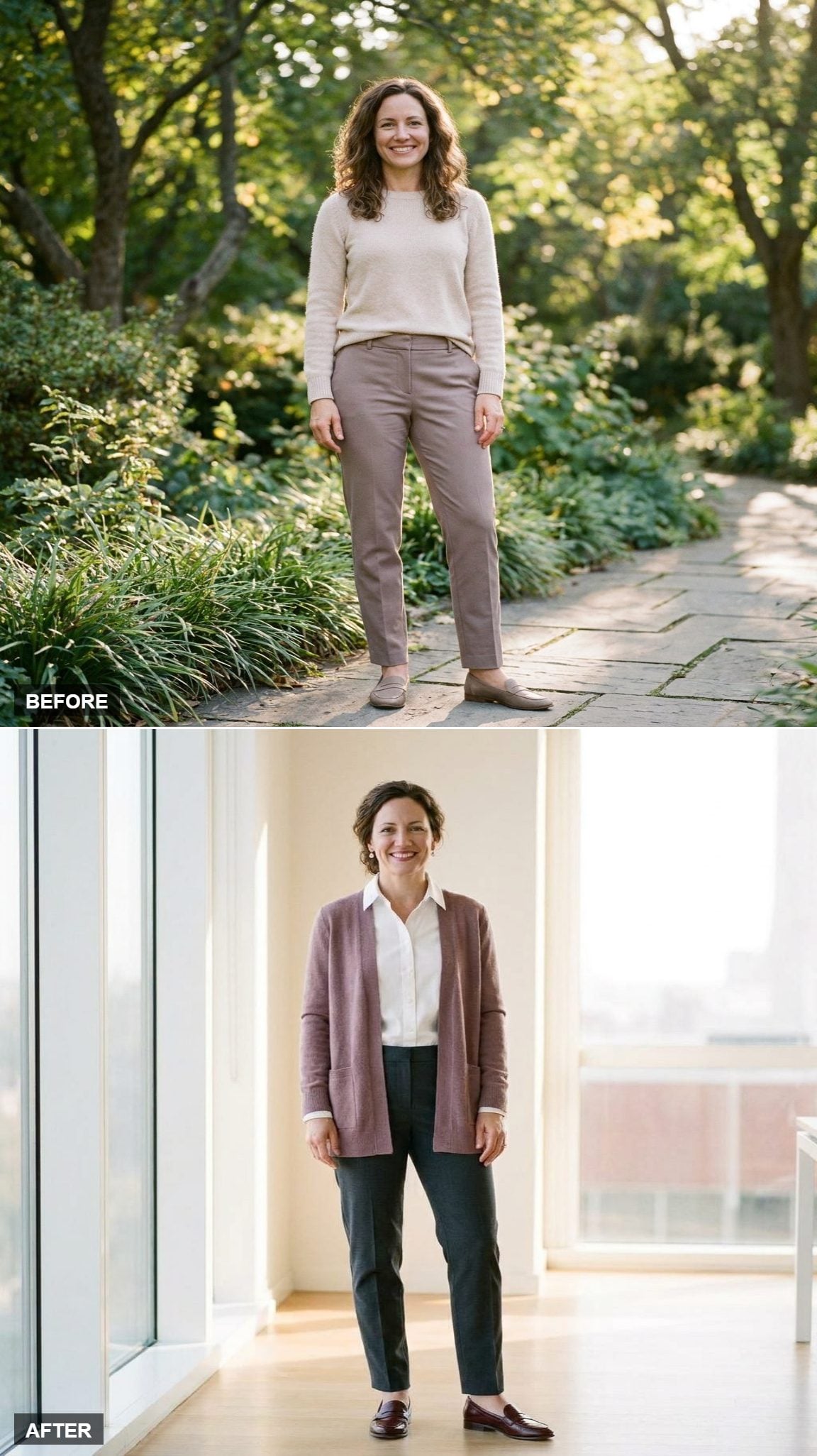 Mauve Cashmere Cardigan, White Poplin Shirt, Tailored Charcoal Trousers, and Loafers for a Friday Office Look