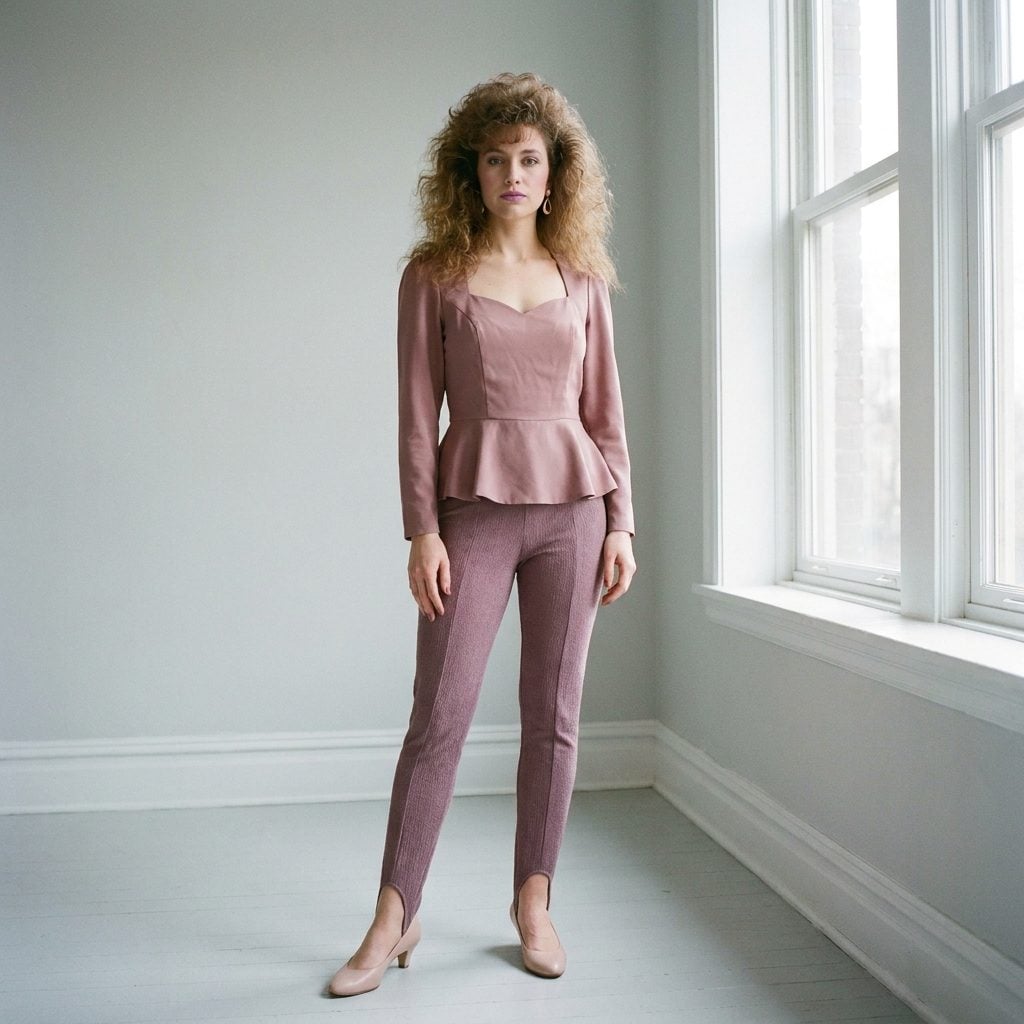 The Mauve Everything Moment: Stirrup Pants, Peplum Top, Pumps, and Blush in the Exact Same Dusty Pink Family