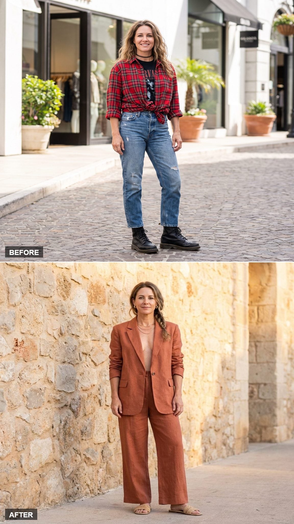 Terracotta linen suit with raffia slides and layered gold chains