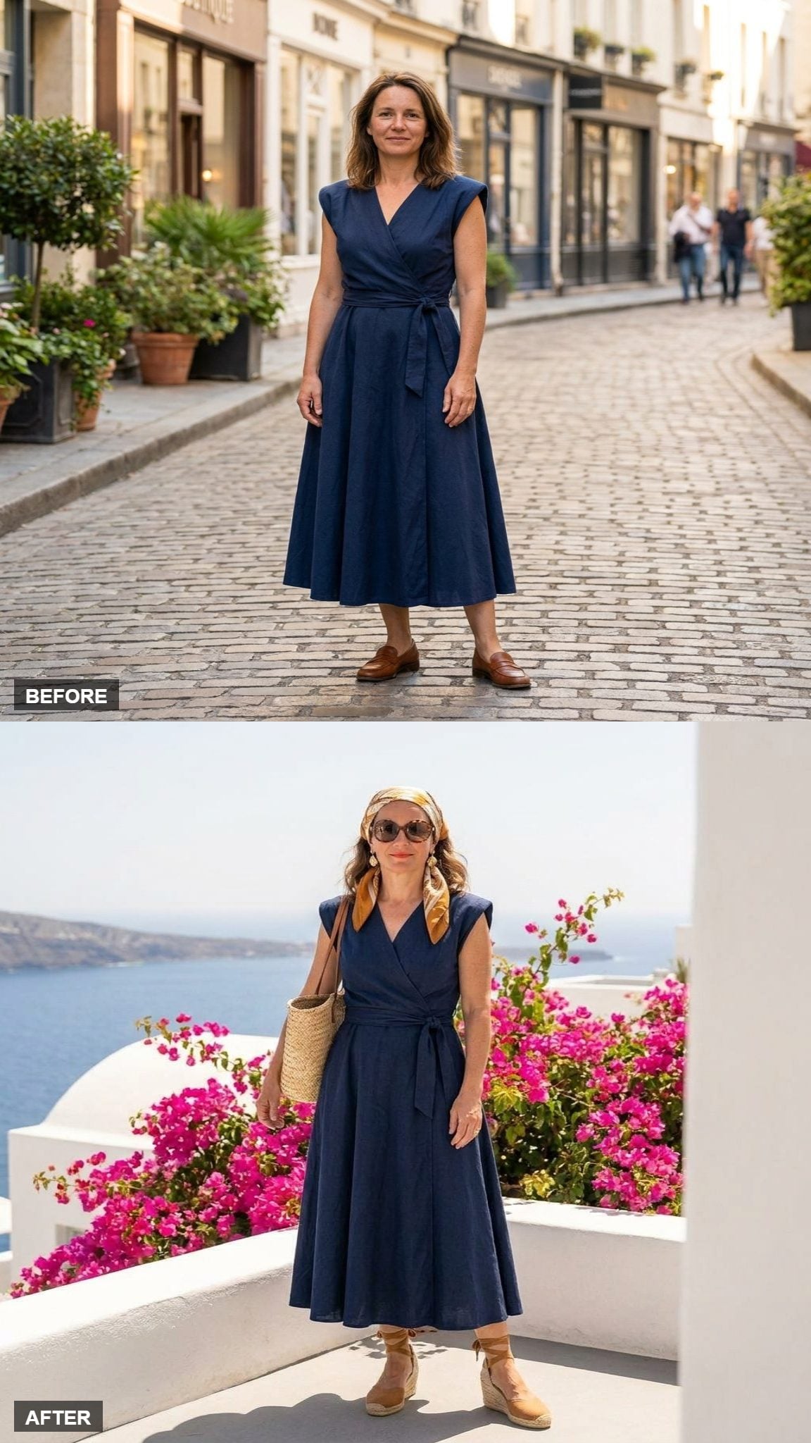 Mediterranean Lunch Ease With a Straw Tote, Espadrille Wedges, and a Silk Headscarf