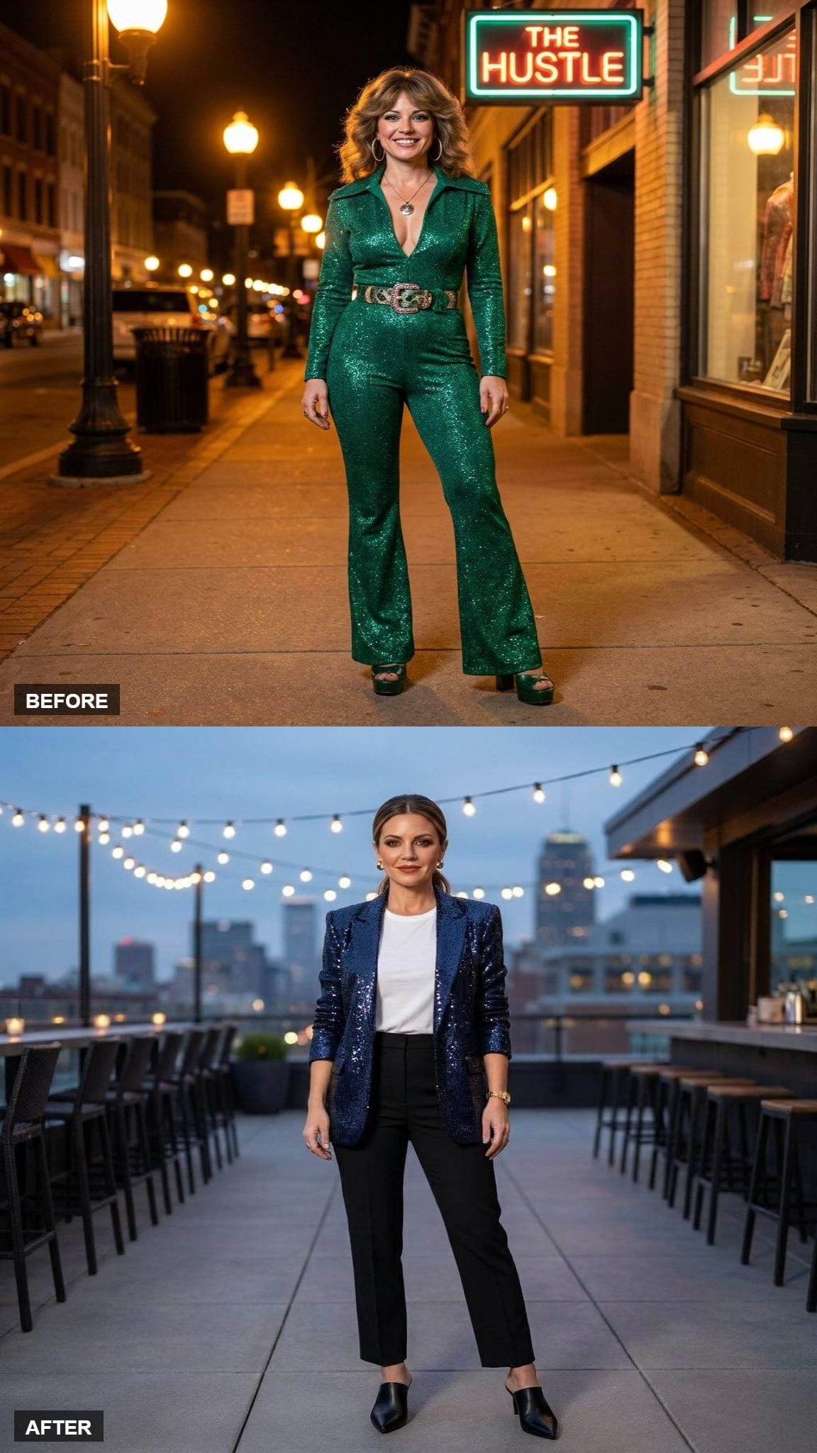 Midnight Sequin Blazer Over a White Tee and Straight-Leg Black Trousers