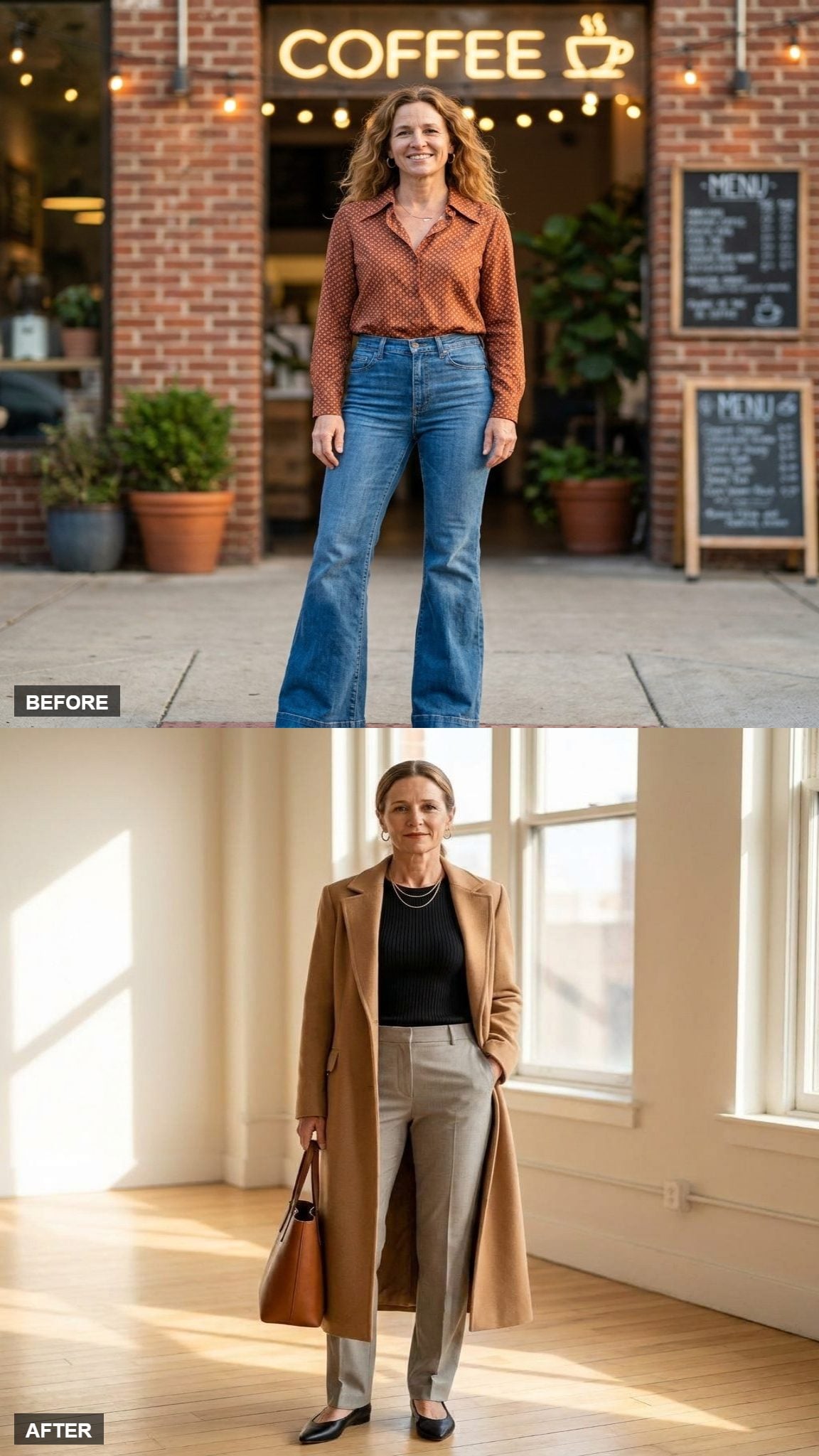 Modern Loft Ease in a Long Camel Duster, Black Ribbed Tank, and Straight-Leg Trousers