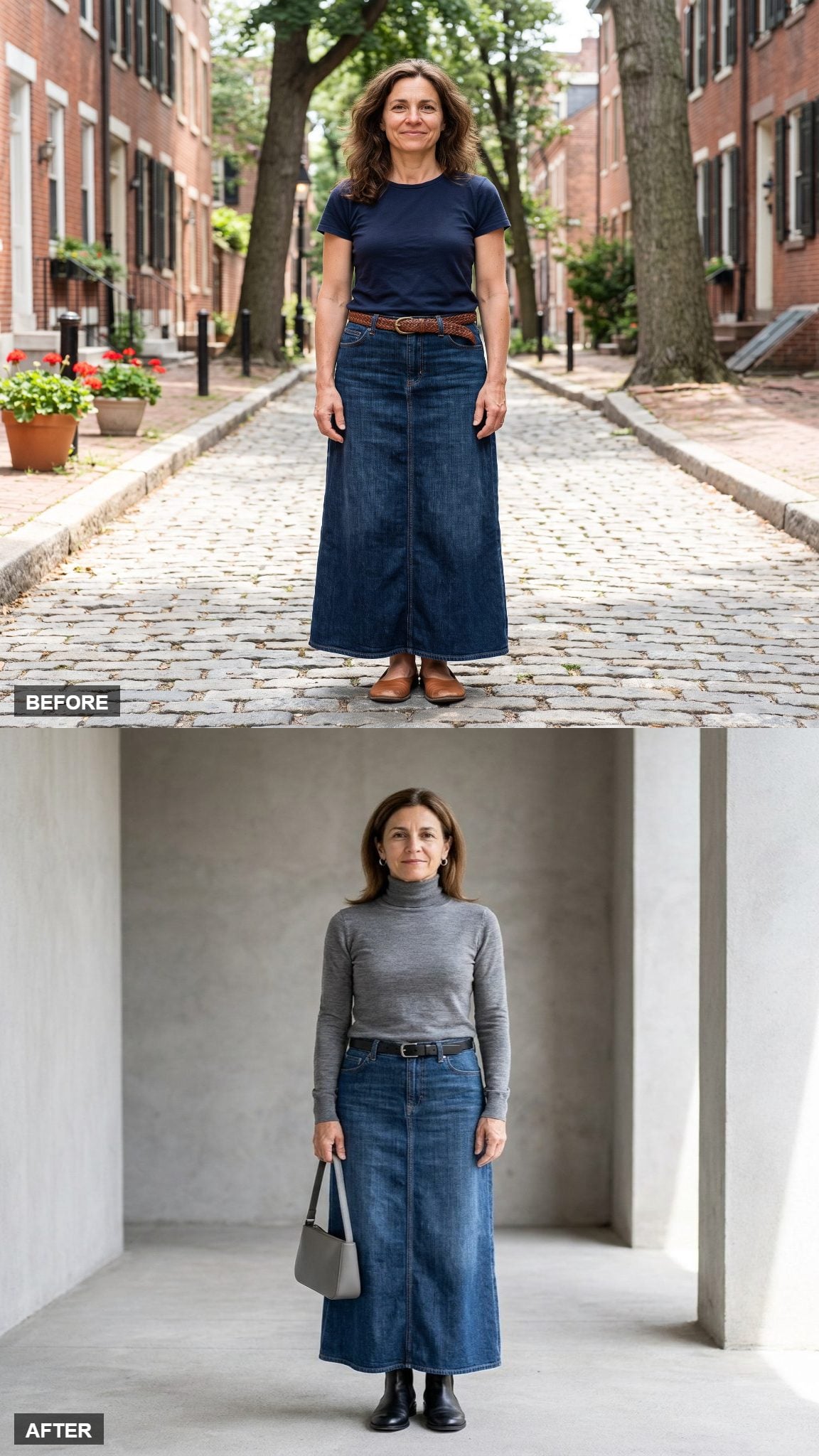 Modern Minimalist in a Gray Turtleneck and Slim Belt