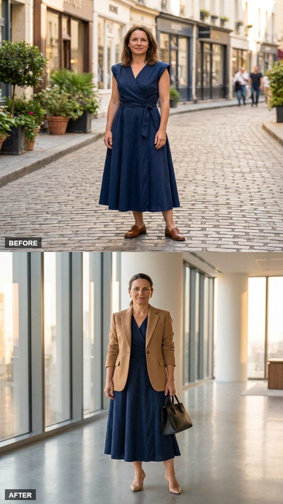 Modern Office Reset With a Camel Blazer, Sleek Ponytail, and Pointed Nude Pumps