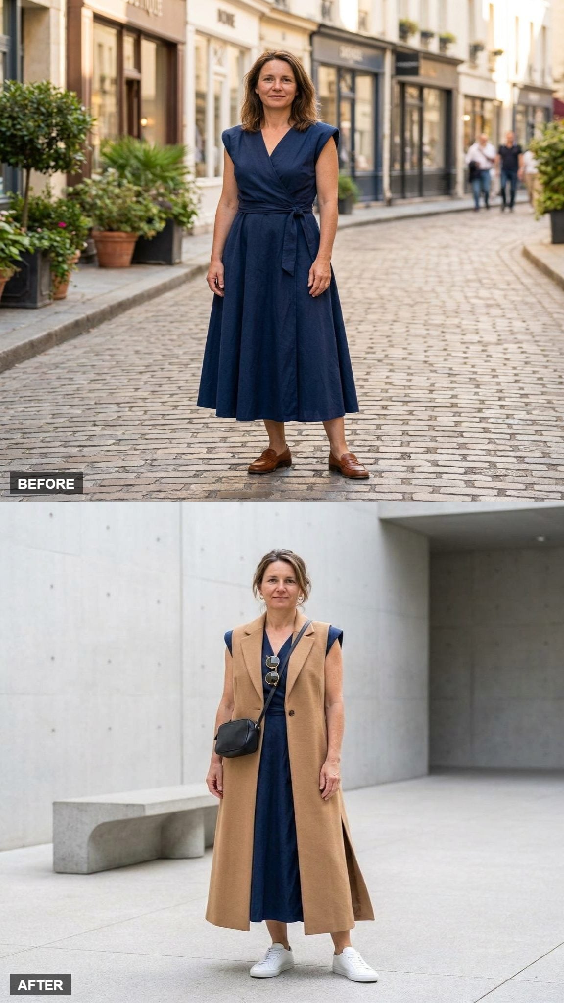 Modernist Museum Day With a Long Camel Vest, White Sneakers, and a Leather Crossbody