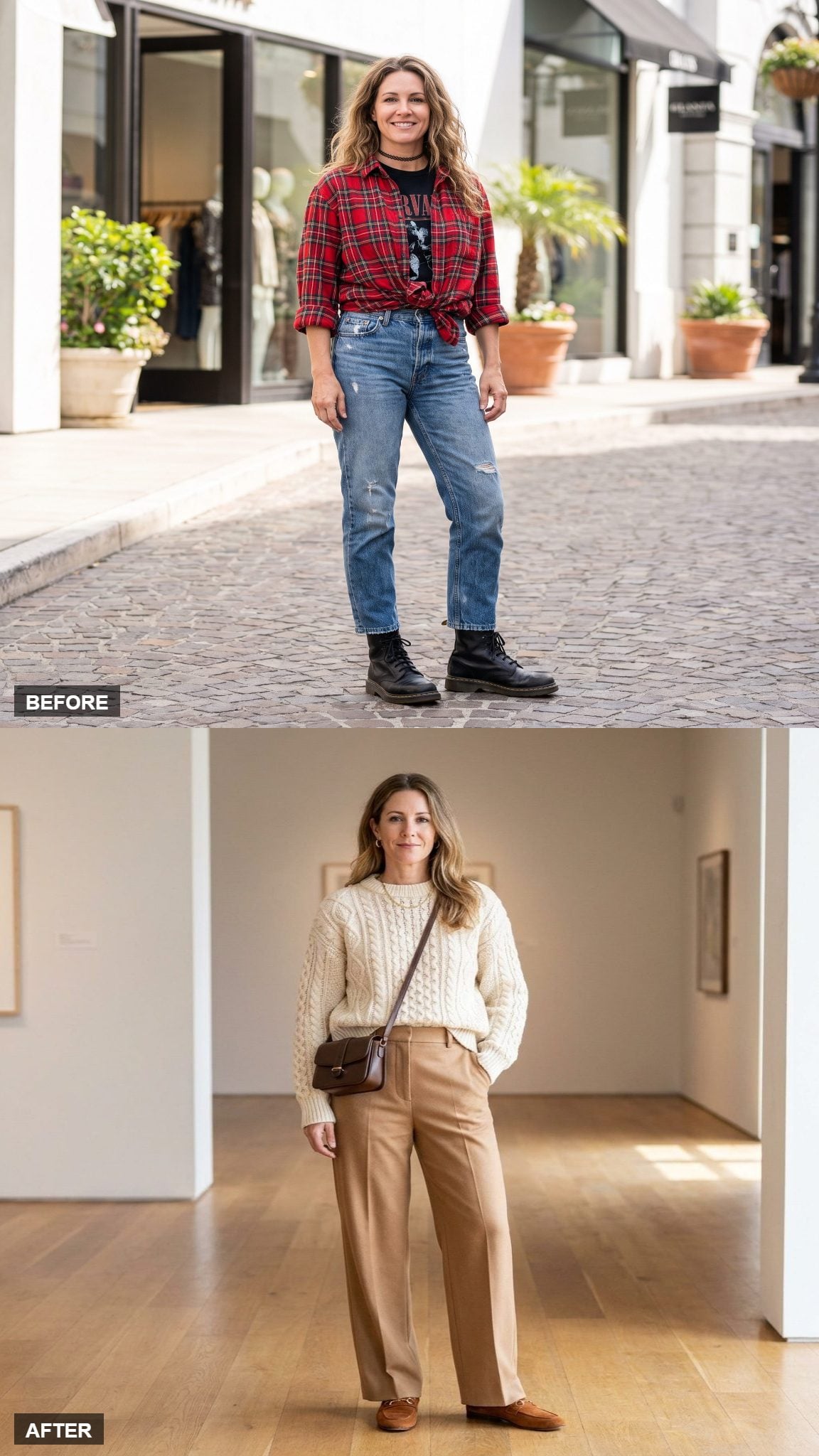 Cream cable-knit sweater with camel wide-leg trousers and cognac suede loafers