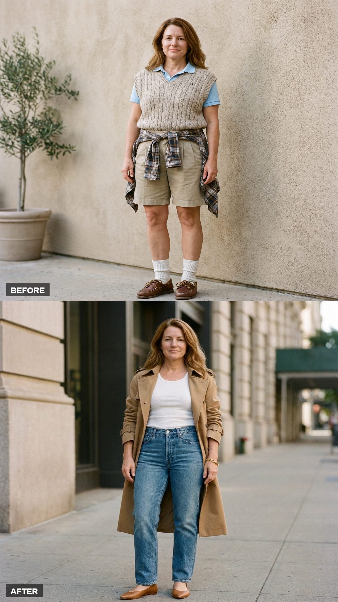 Mom Jeans, Modernized: High-Rise Straight Cut in Vintage Wash With a Fitted Rib Tank and Trench