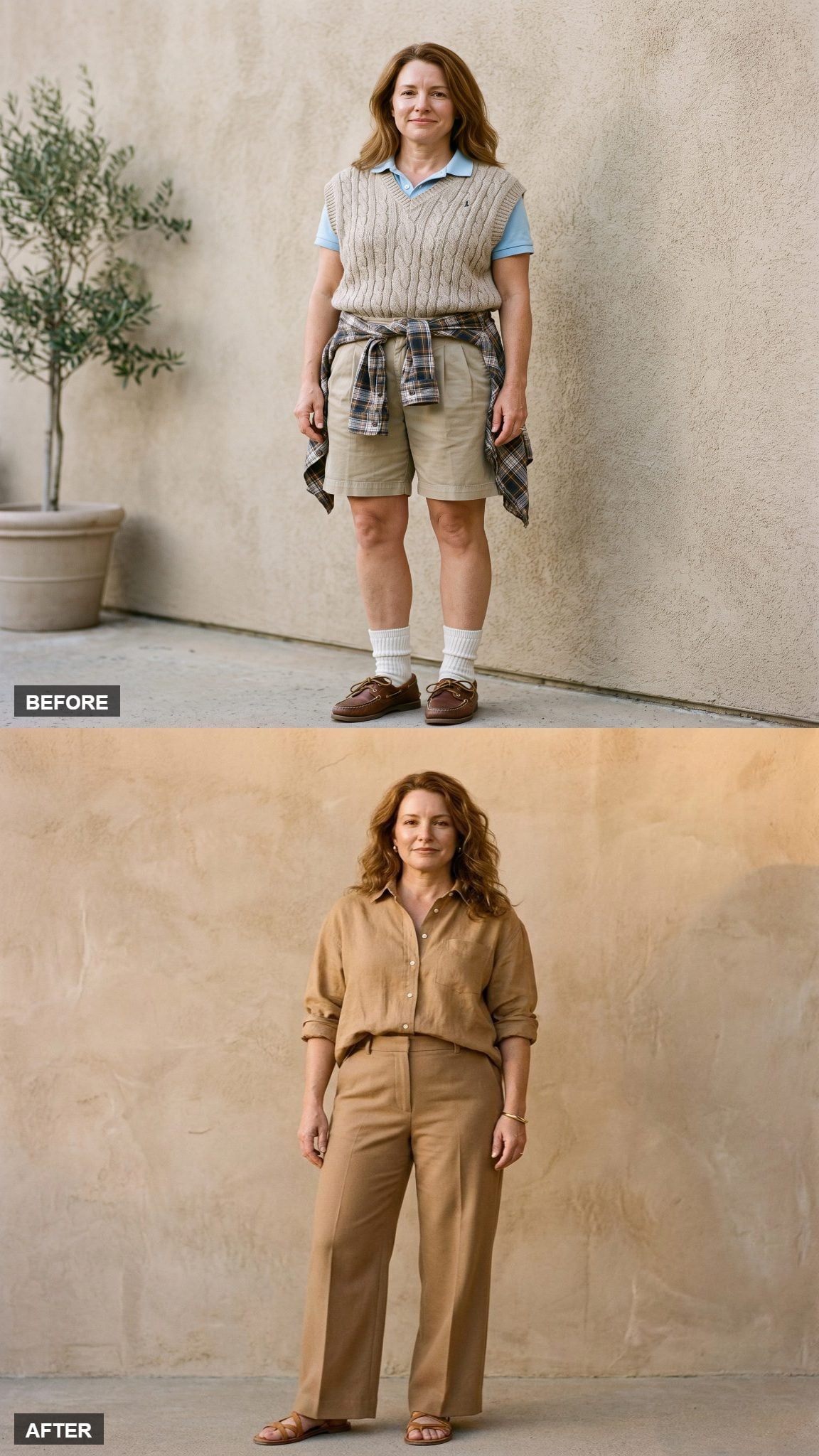 The Monochrome Khaki Moment: Camel Shirt, Camel Wide-Leg Pant, Tan Sandal