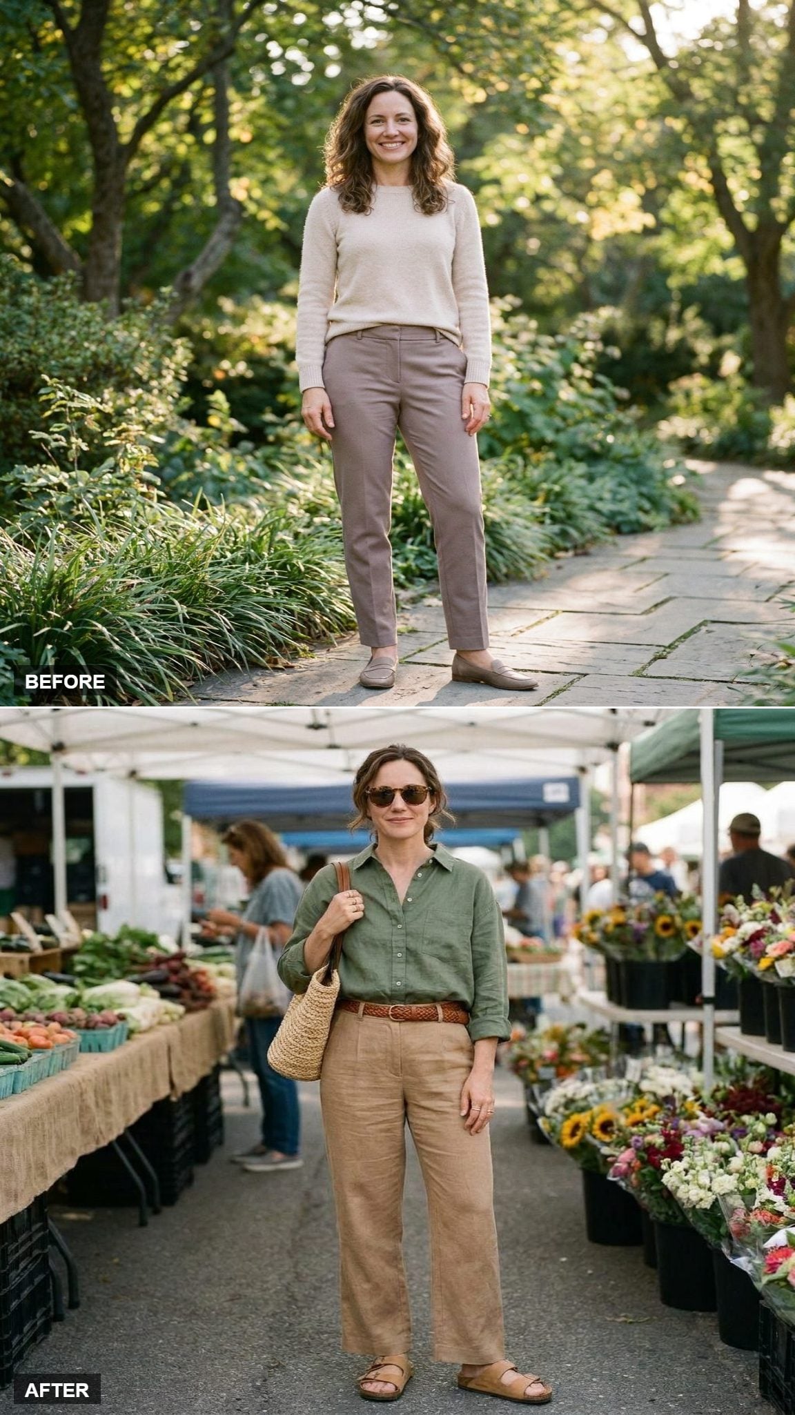 Moss Green Oversized Linen Shirt, Tan Wide-Leg Trousers, a Woven Leather Belt, and Birkenstock-Style Sandals for a Farmers