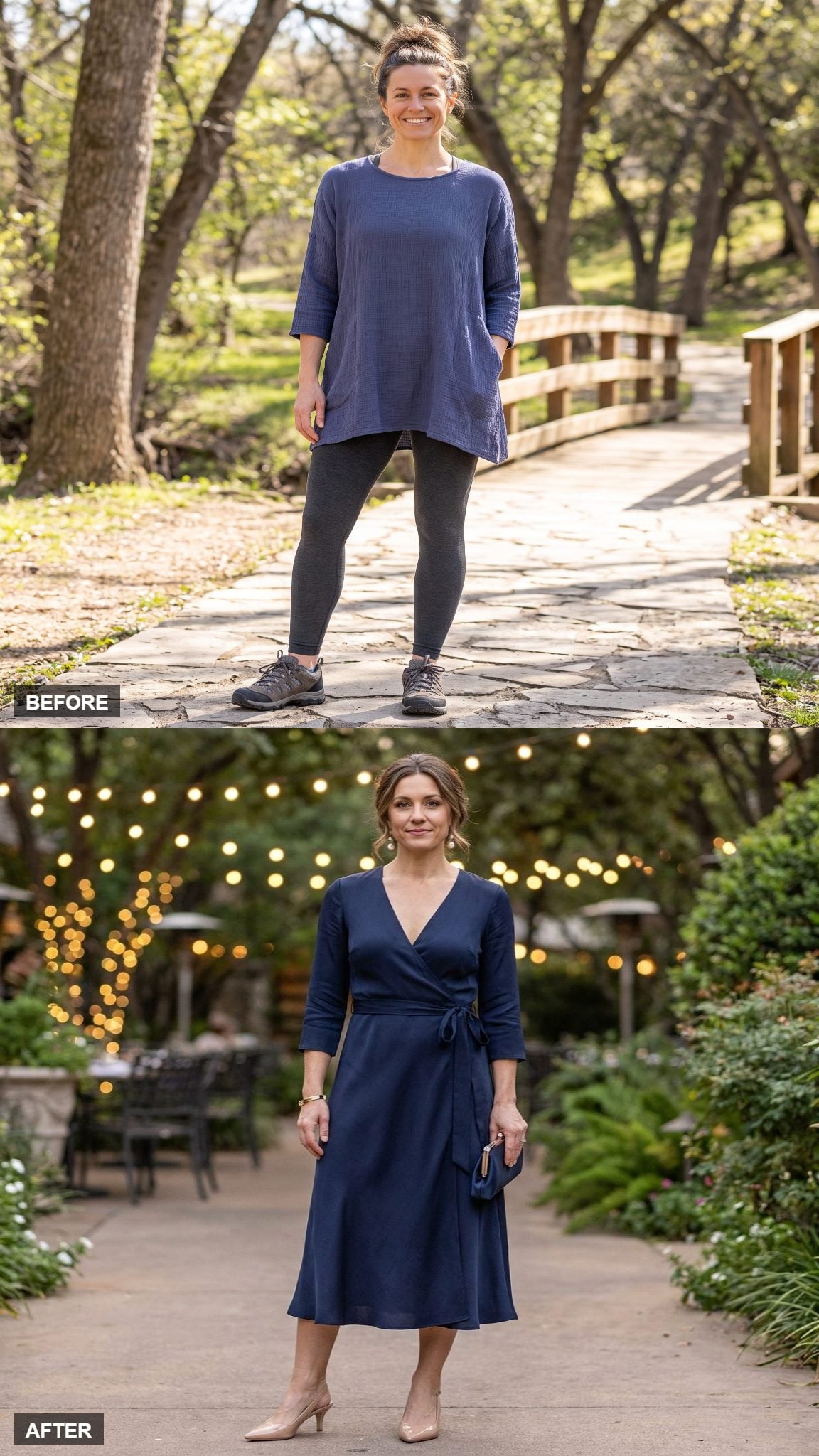 Mother of the Bride Rehearsal Dinner in a Navy Silk Wrap Dress and Nude Slingbacks