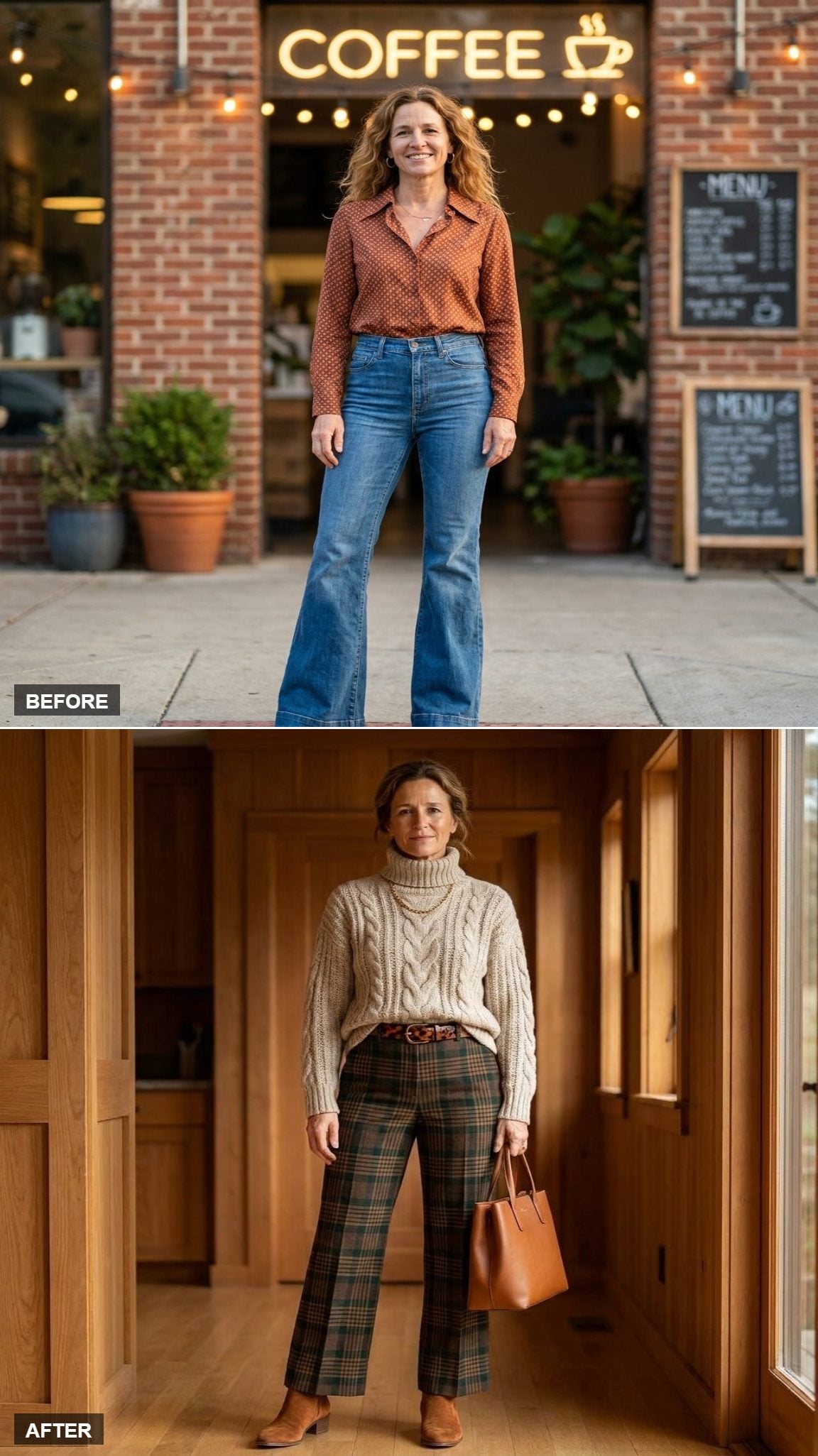Mountain Lodge Warmth in a Chunky Oatmeal Turtleneck, Dark Plaid Trousers, and Suede Ankle Boots