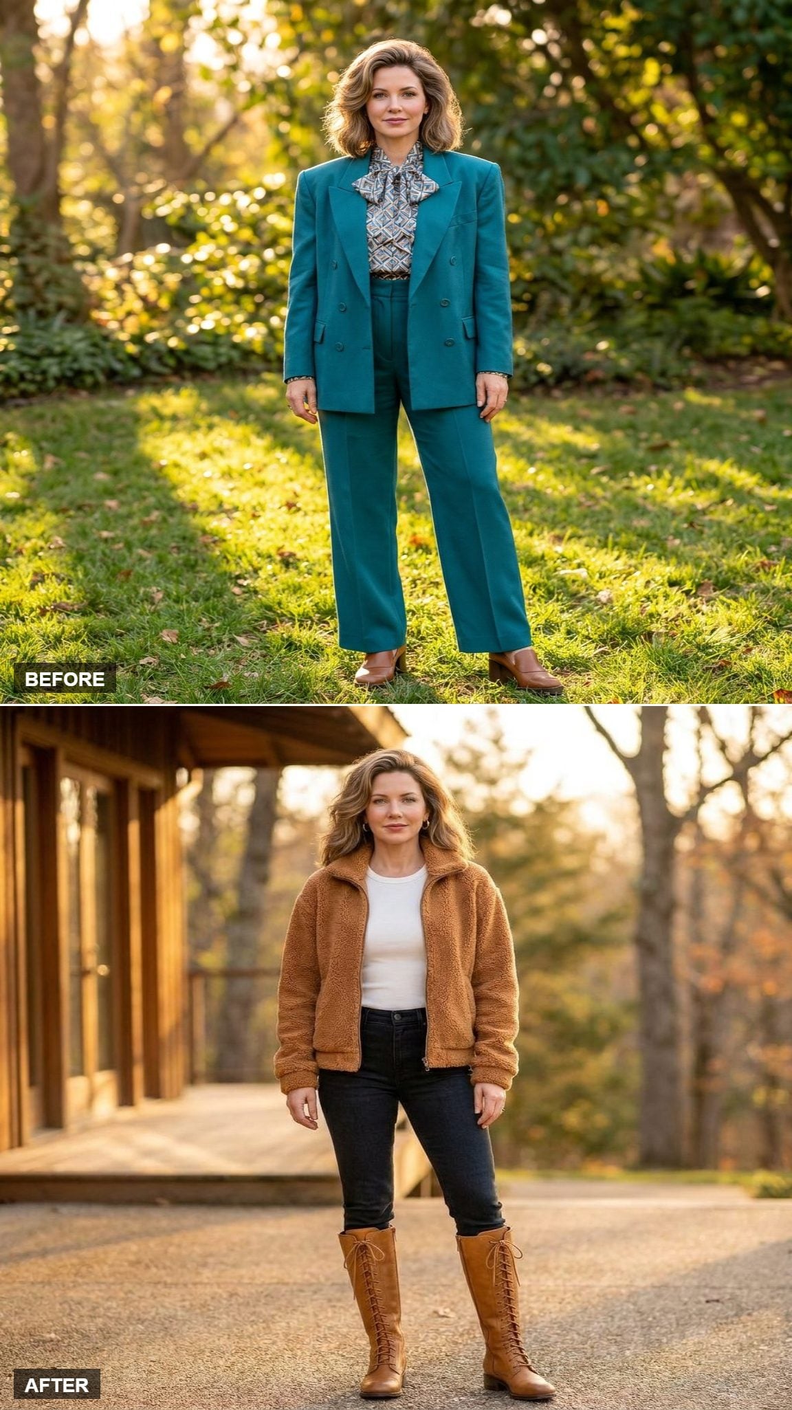 Mountain Town Saturday in a Caramel Sherpa Jacket, Dark Slim Jeans, and Tan Lace-Up Boots