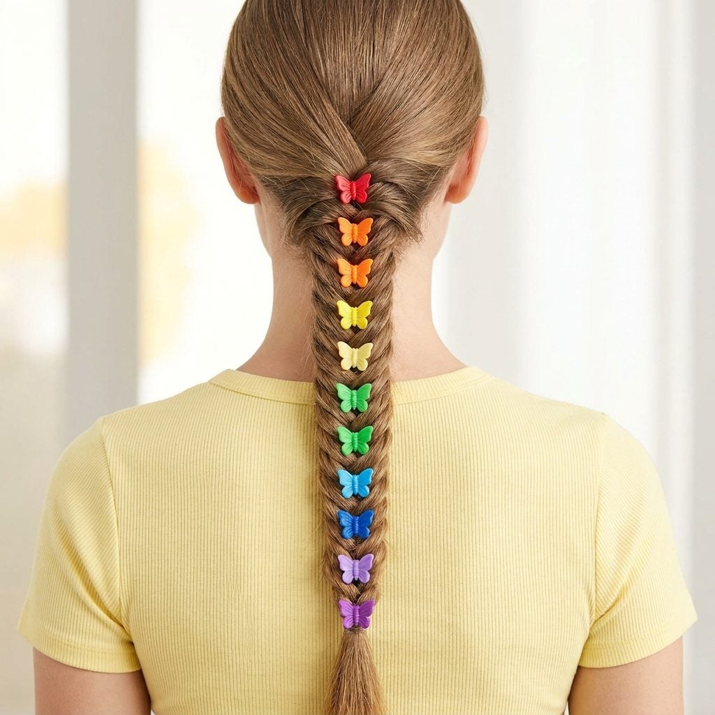Multiple Butterfly Clips Running Down the Length of a Braid