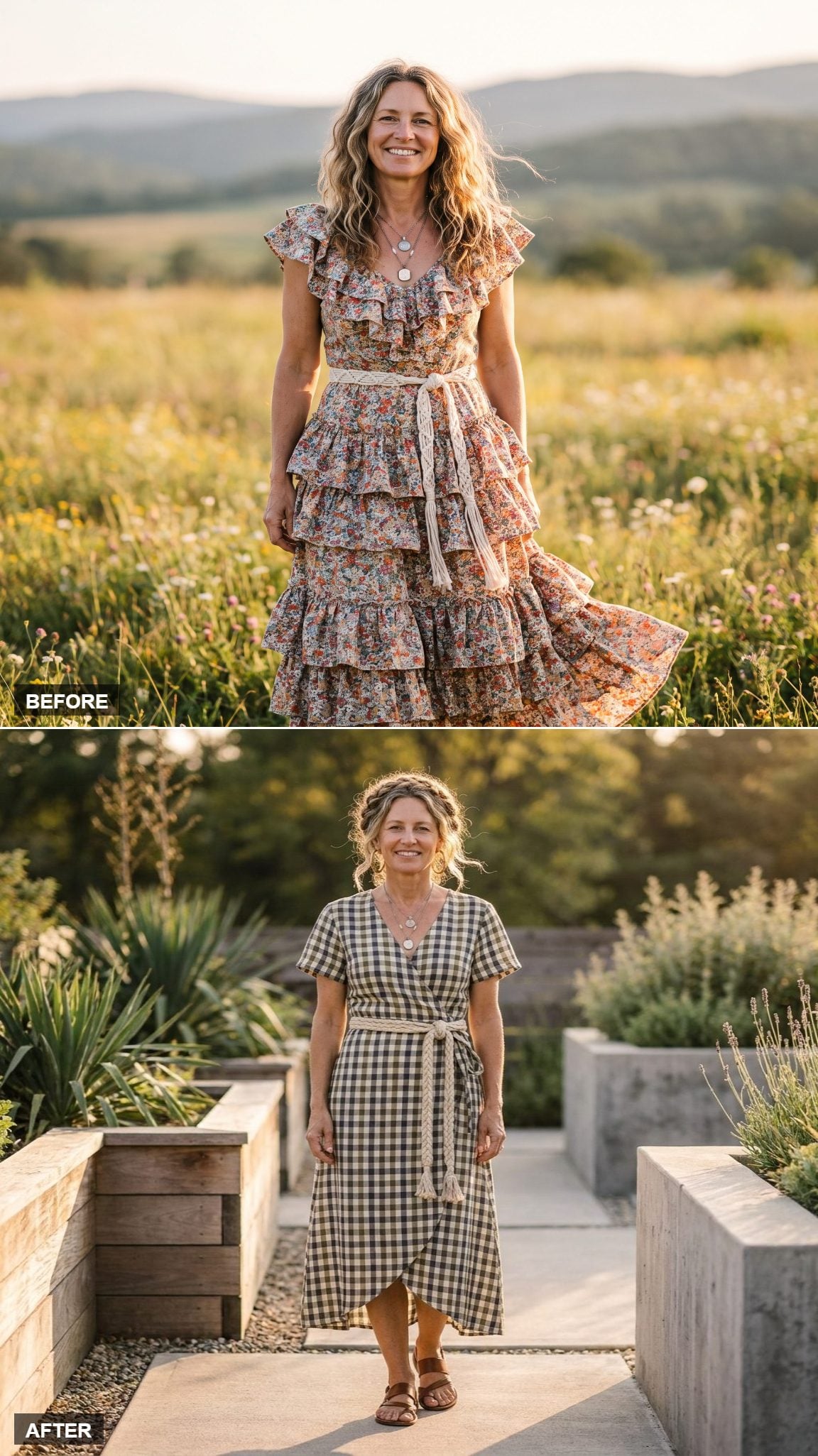 Muted Gingham Wrap Dress with a Single Braided-Rope Tie
