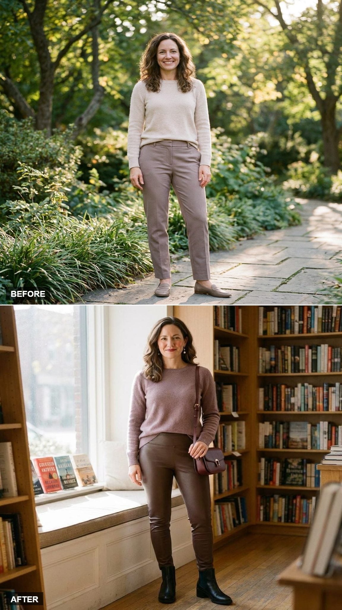 Muted Mauve Cashmere Crew-Neck, Chocolate Faux-Leather Leggings, and Heeled Chelsea Boots for a Low-Key Friday