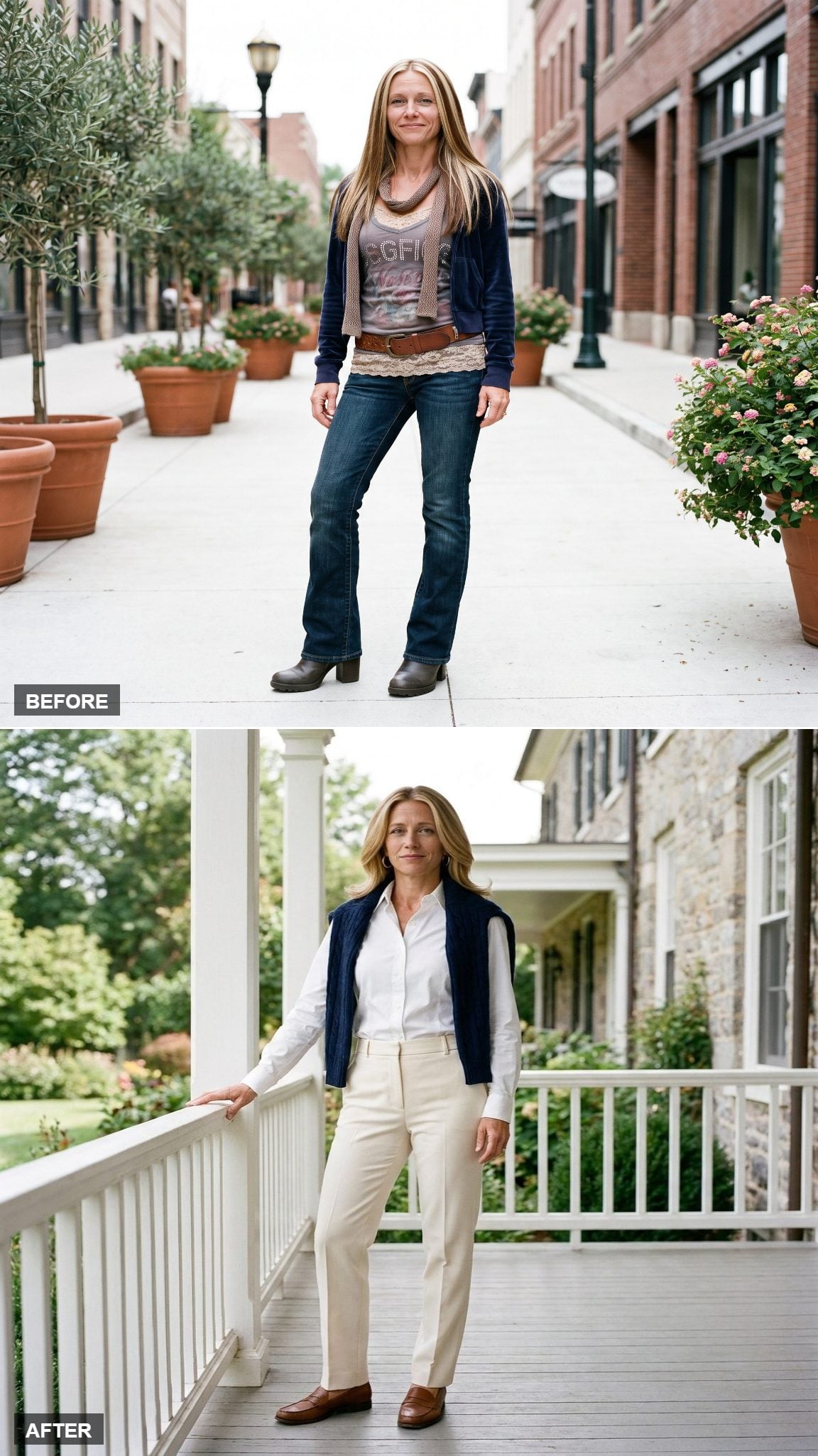 Navy Cable-Knit Draped Over a White Button-Down with Cream Trousers and Brown Loafers: Old Money, Zero Effort