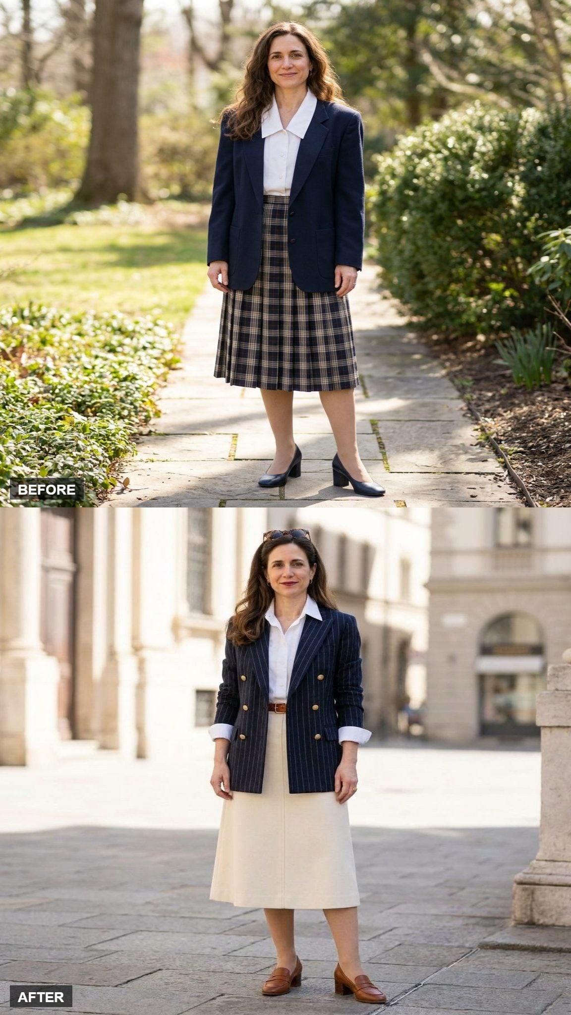 Navy Pinstripe Blazer and Cream Wool Skirt for the Kind of Confidence That Doesn't Need to Announce Itself