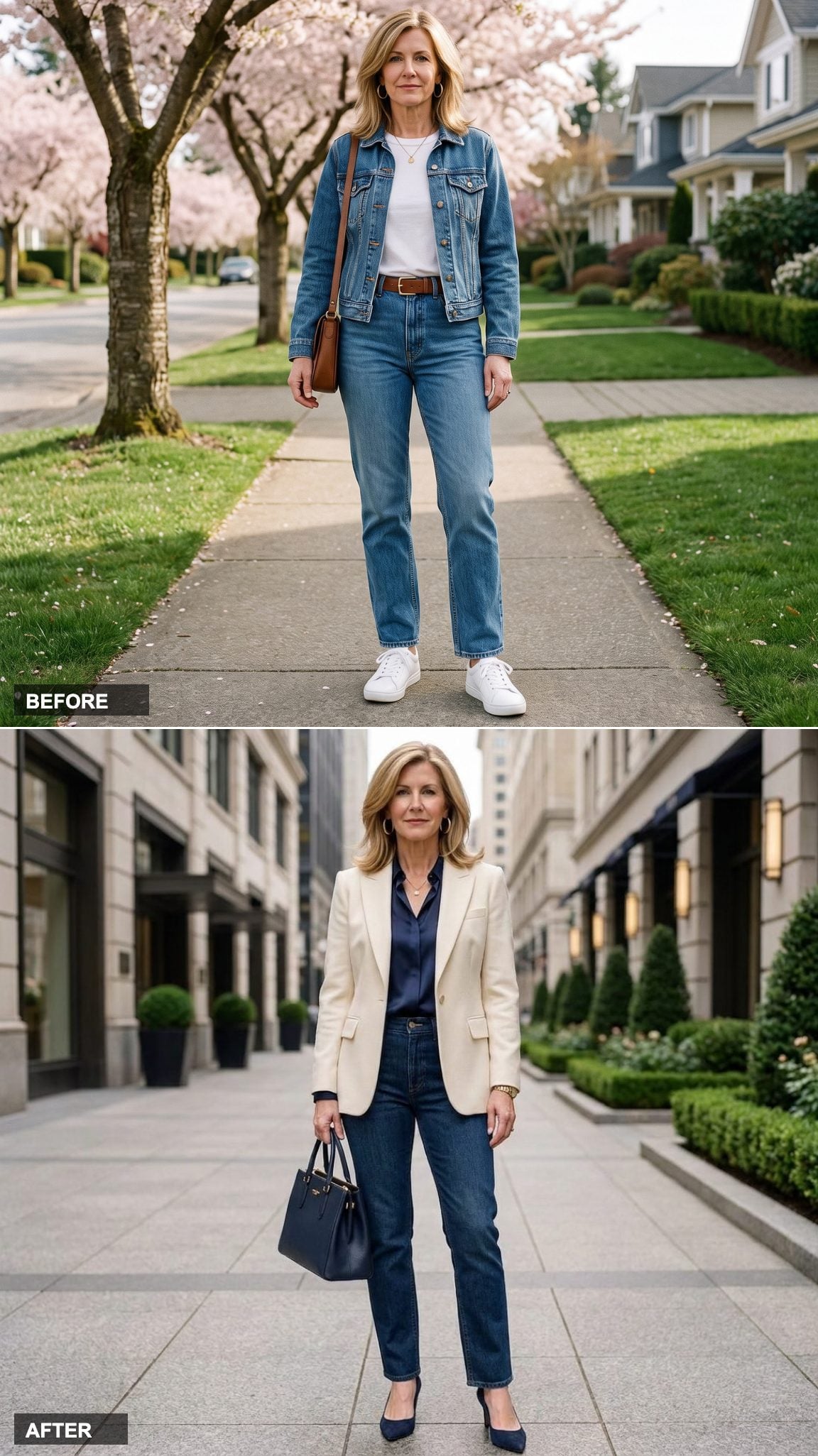 Navy Silk Blouse, Cream Blazer, and Straight-Leg Denim That Could Walk Into Any Boardroom