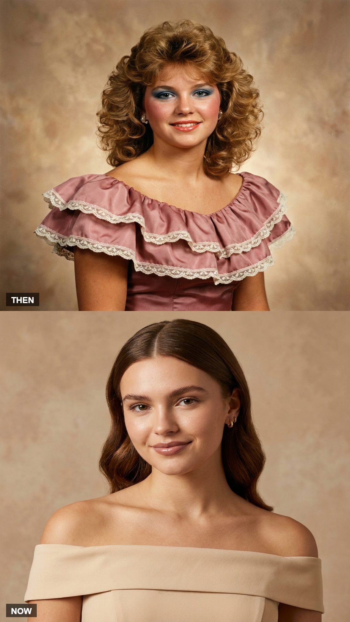 1980 portrait neckline compared with a modern off-the-shoulder prom dress