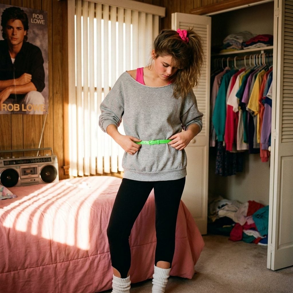 The Neon Belt Cinched Over an Oversized Sweatshirt That Was Falling Off One Shoulder