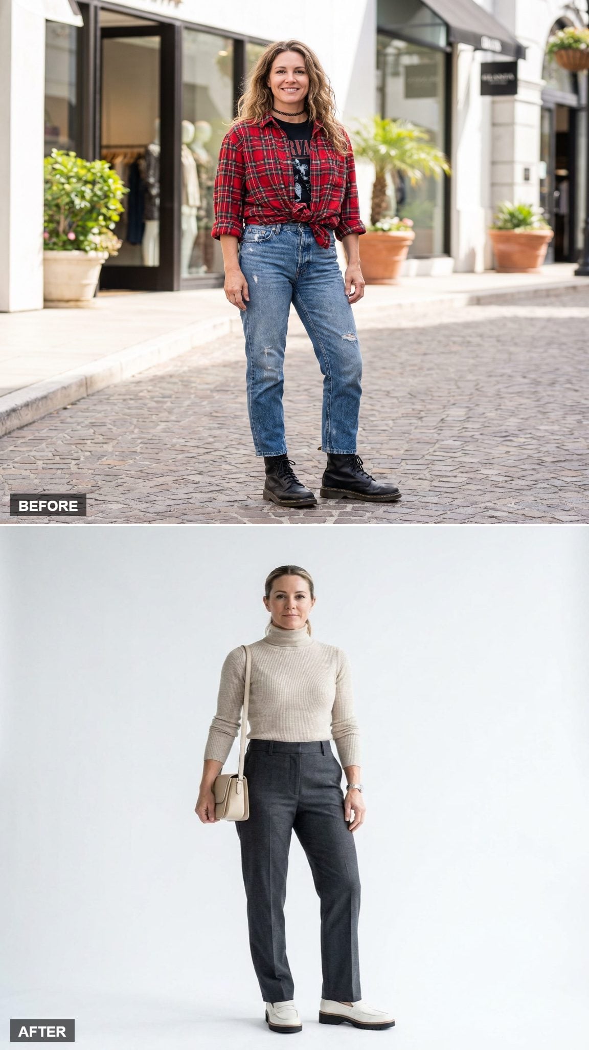 Oatmeal turtleneck with charcoal straight trousers and white leather loafers