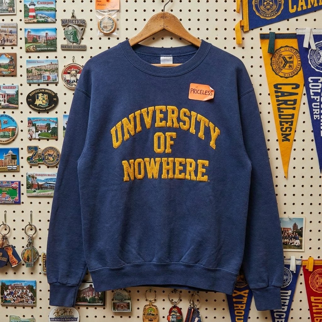 The Northwestern University (Or Whichever School Was Nearest) Embroidered Crewneck From a Souvenir Shop You Were Never