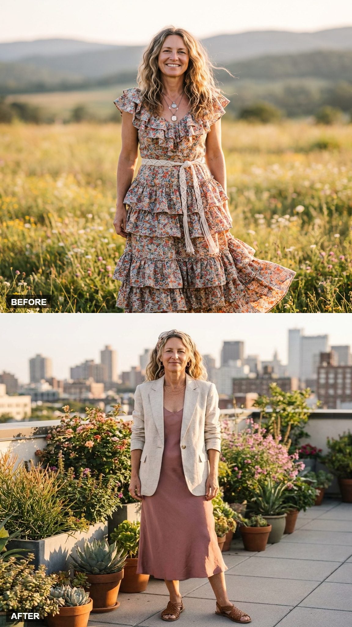 Oatmeal Linen Blazer Over a Dusty Rose Slip Dress With Layered Necklaces on a Golden-Hour Rooftop