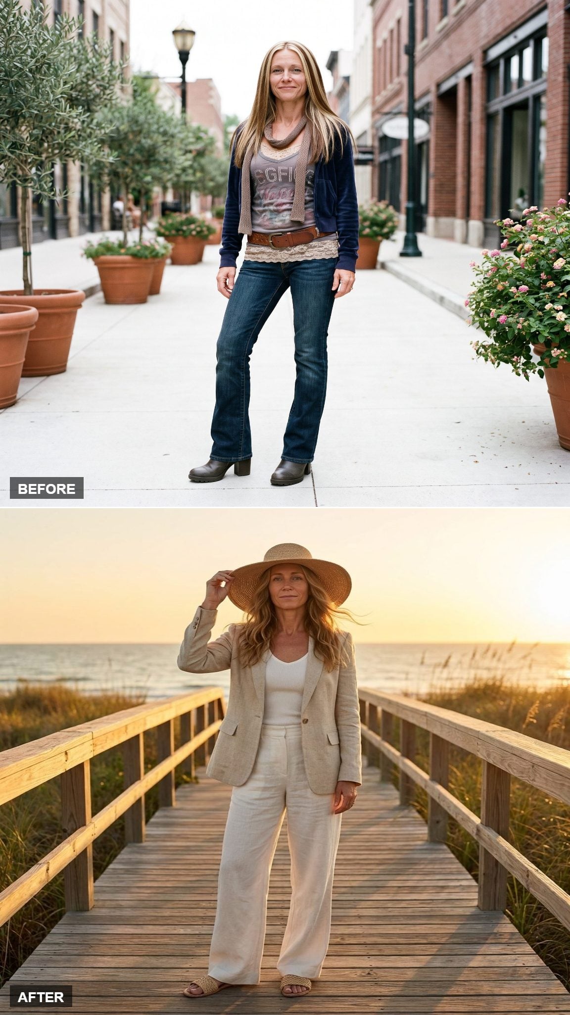 Oatmeal Linen Blazer Over a Ribbed White Tank, Ivory Trousers, Woven Sandals, and a Sun Hat at Golden Hour