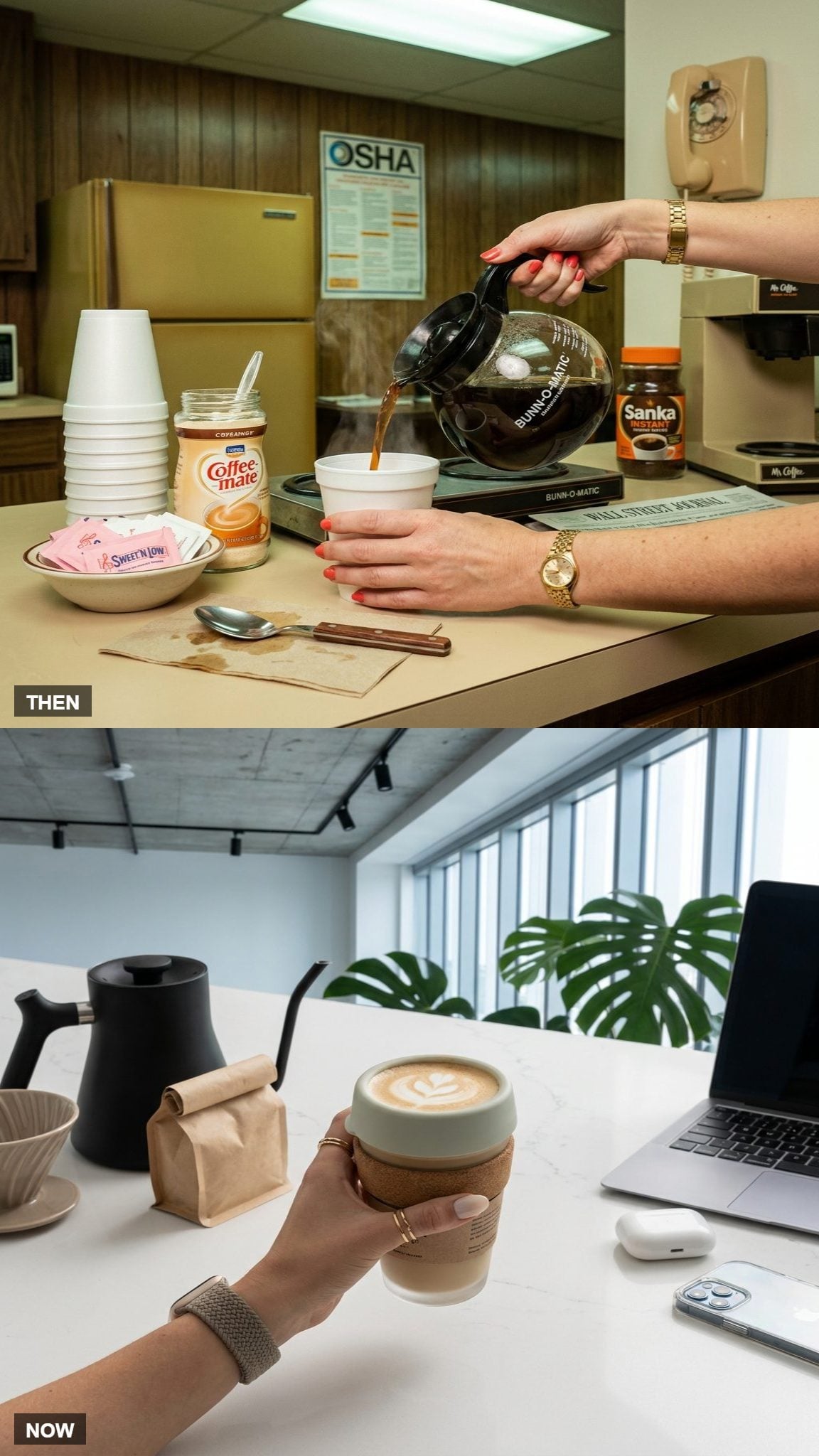 The Office Coffee: Percolator and Foam Cup in 1980, Personal Oat Milk Latte Now
